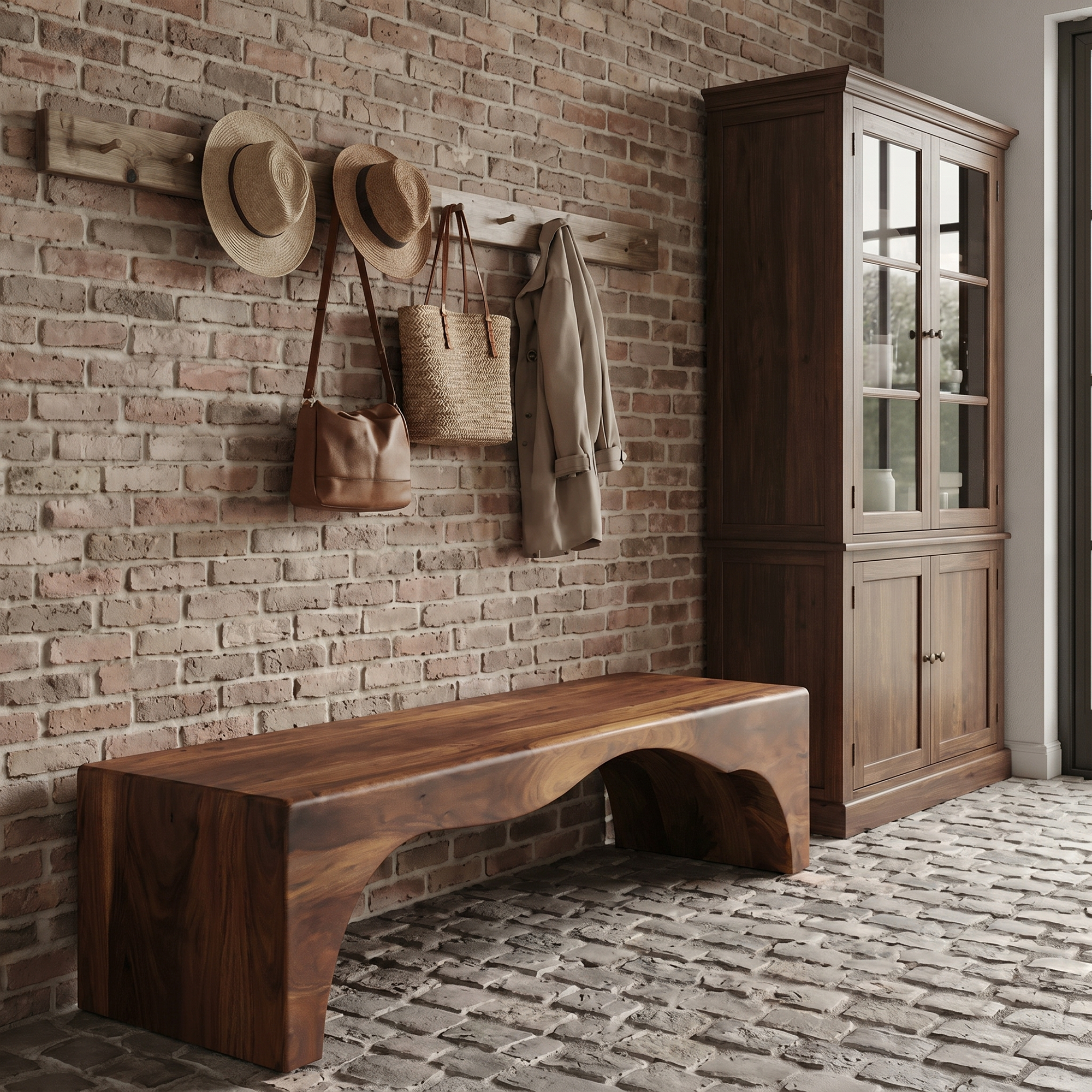 Rustic Live Edge Wooden Bench With Open Storage Shelf For Entryway