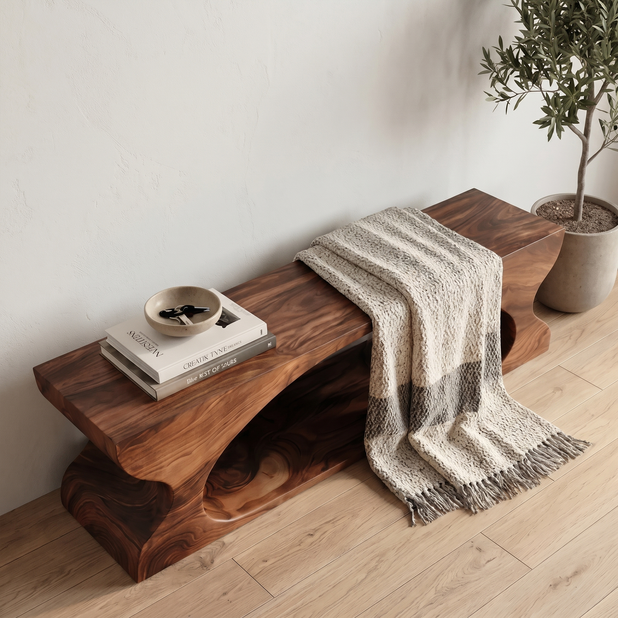 Modern Sculptural Wooden Bench With Organic Design For Entryway And Living Room
