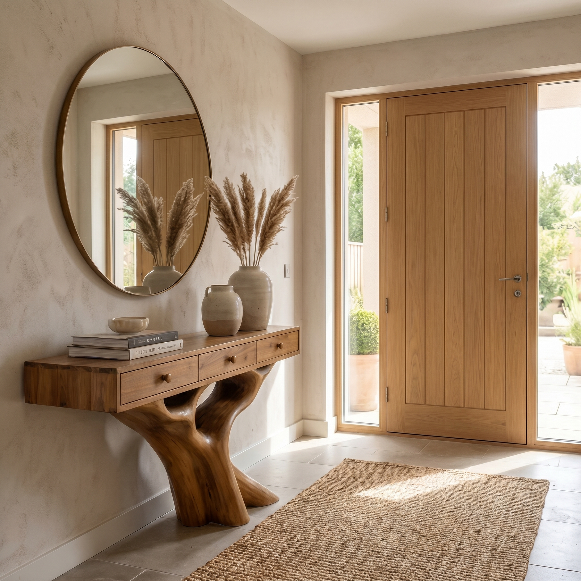 Organic Console Table With Built In Storage Cabinet And Sculptural Curved Wood Base For Entryway And Living Room