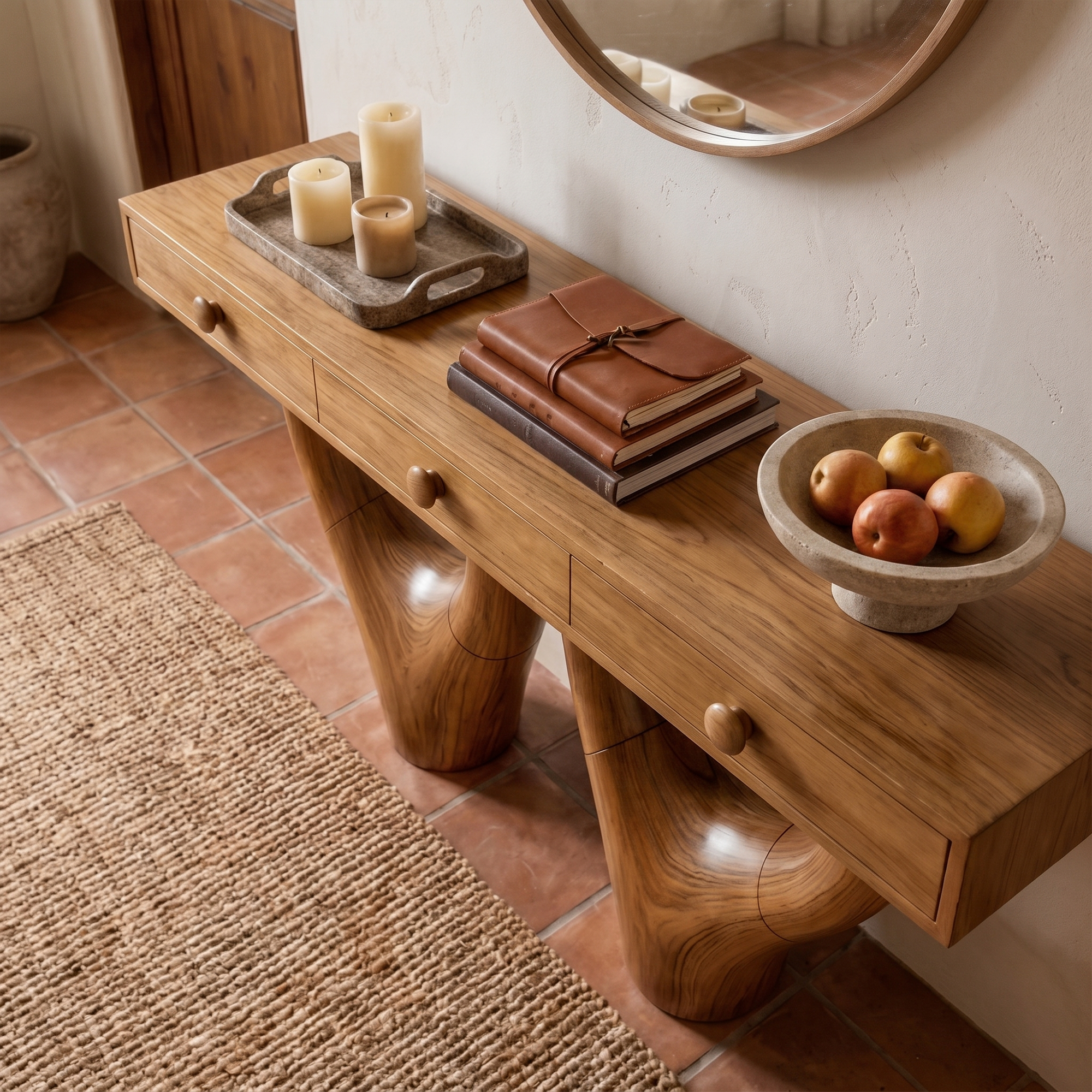 Rustic Console Table With Sculptural Double Pedestal Wood Base And Solid Wood Top For Entryway And Living Room