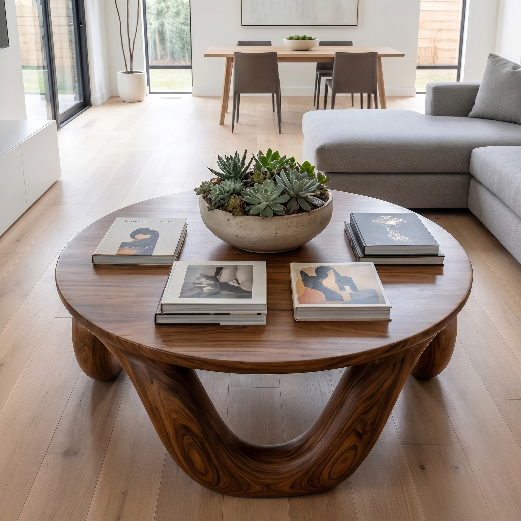 Modern Coffee Table With Round Solid Wood Top And Artistic Sculptural Base For Living Room
