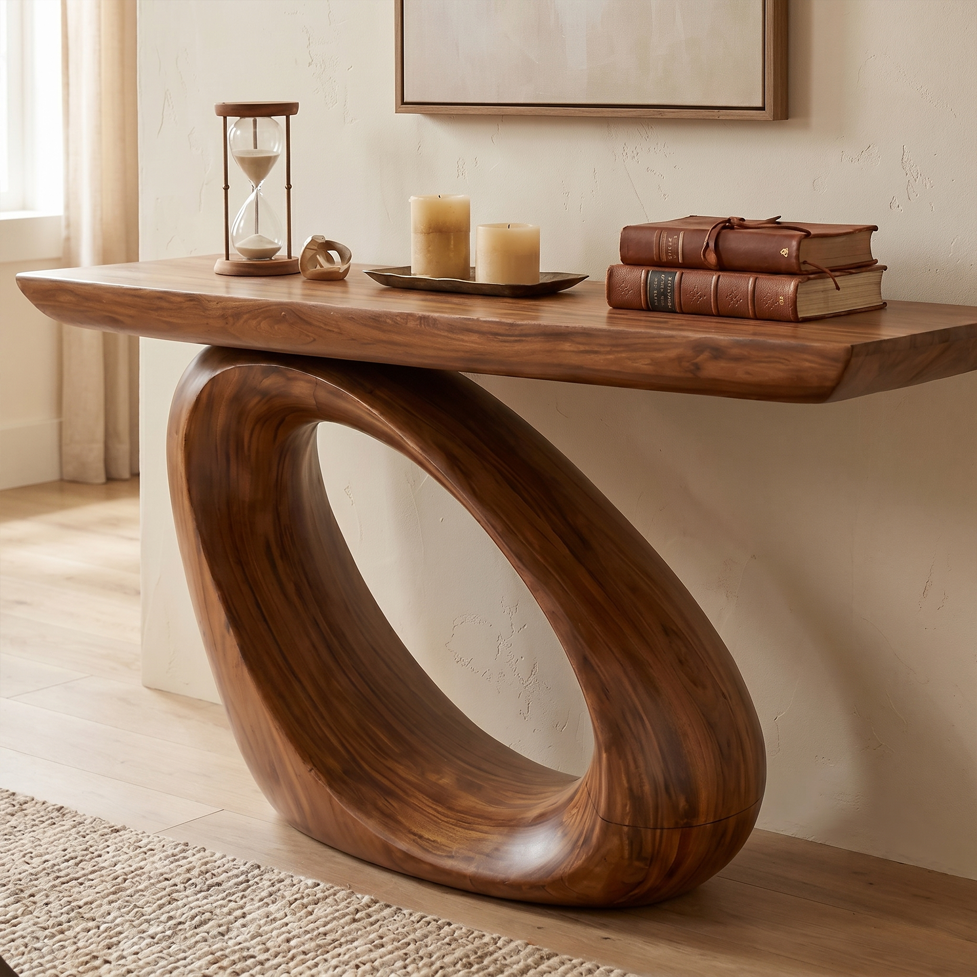 Modern Organic Console Table With Sculptural Loop Pedestal Wood Base For Entryway And Living Room
