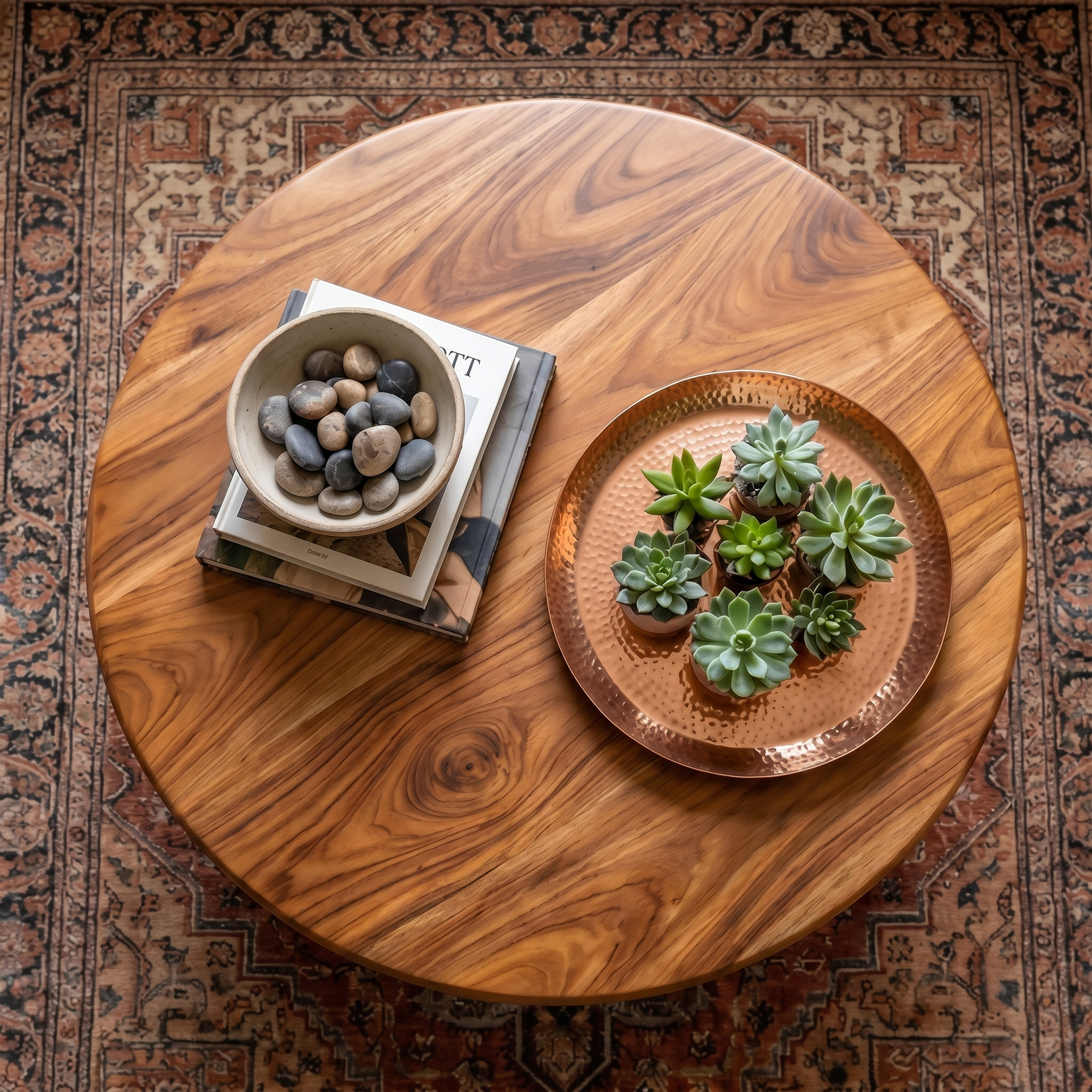Rustic Coffee Table With Sculptural Solid Wood Base And Round Live Edge Top For Living Room