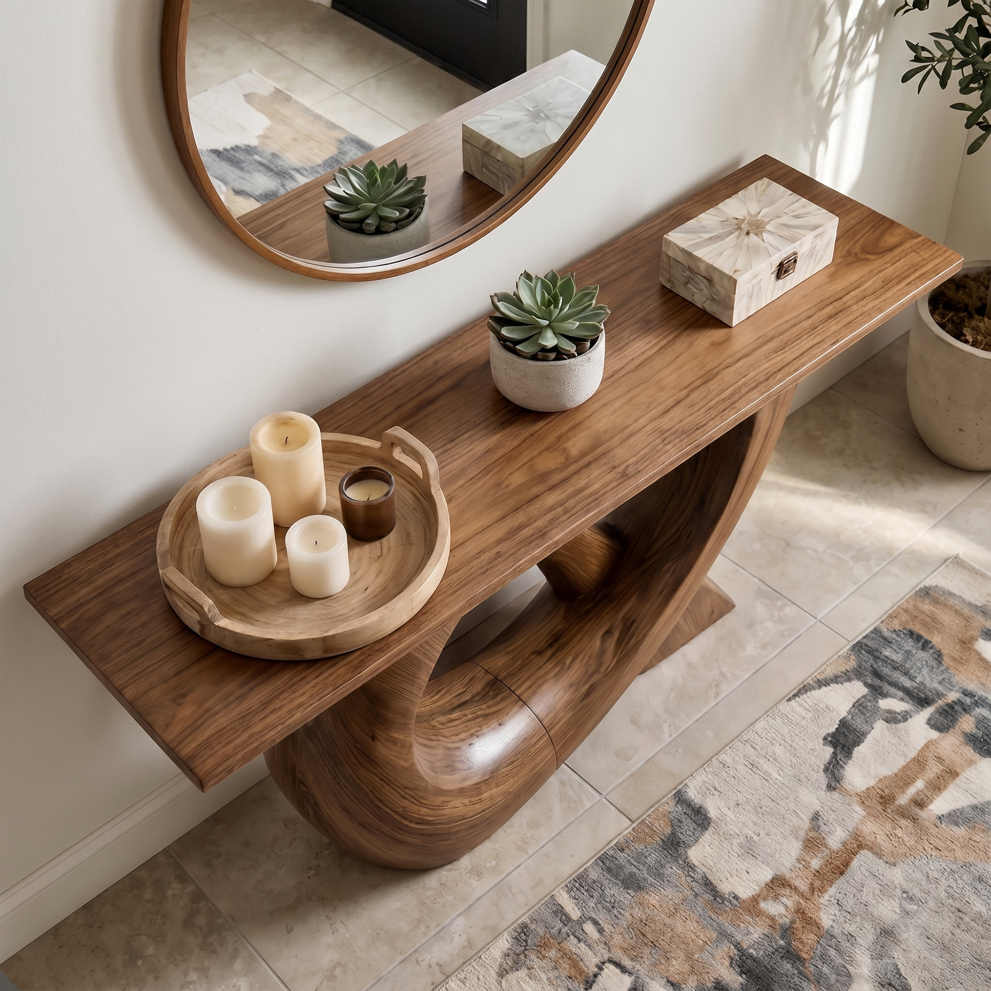 Sculptural Console Table With Flowing Curved Wood Base For Entryway And Living Room