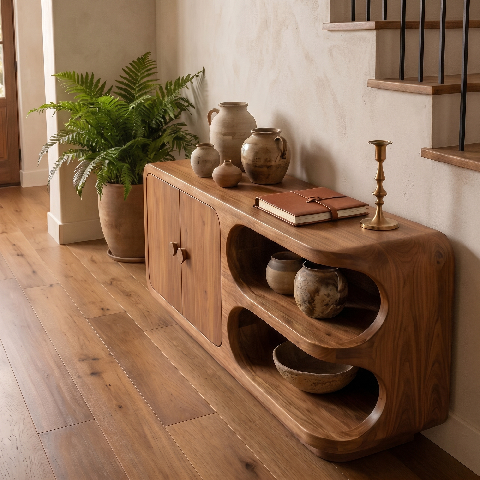 Organic Sideboard With Rounded Solid Wood Frame And Open Display Shelves For Living Room