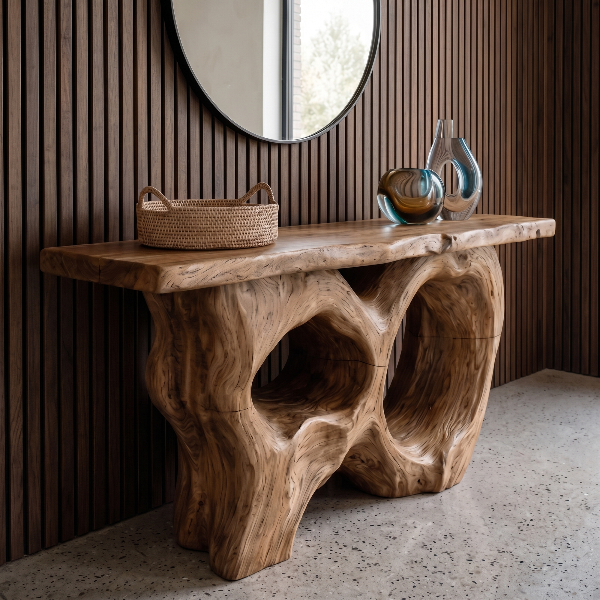 Modern Console Table With Sculptural Asymmetrical Wood Base  For Living Room
