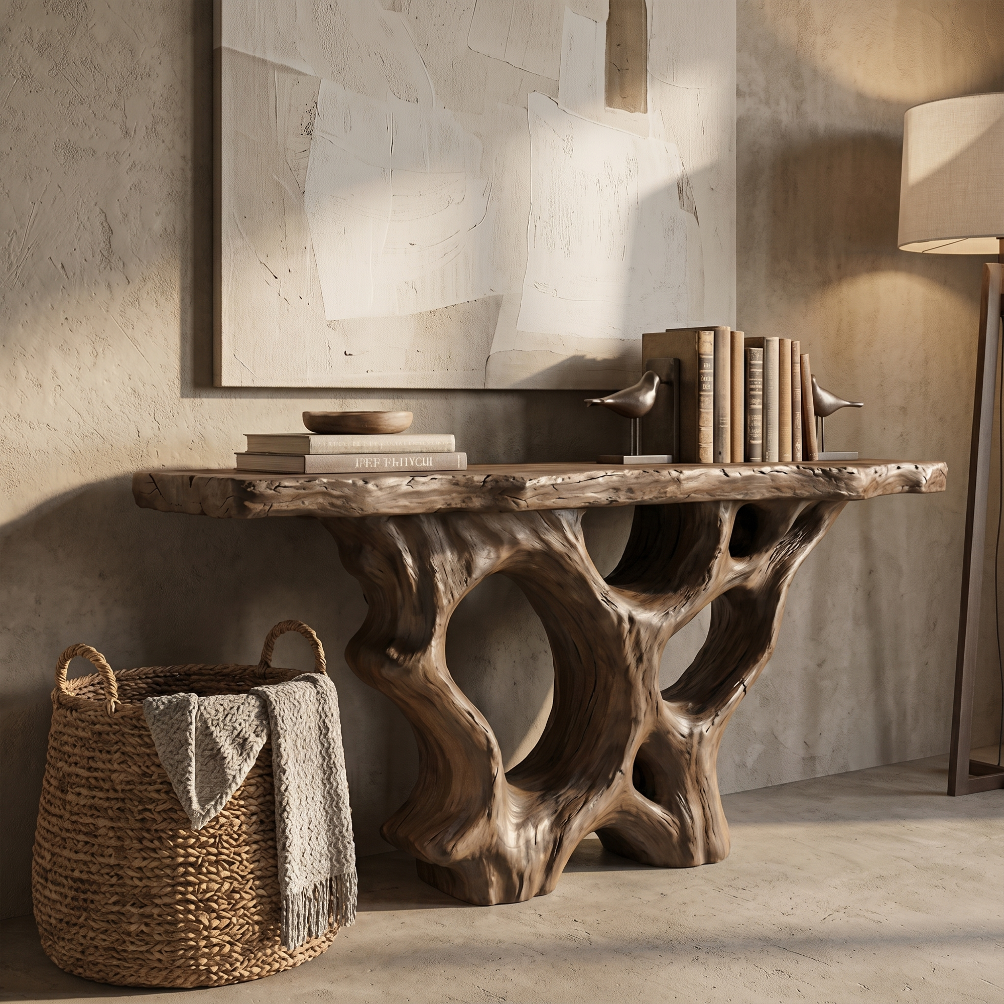 Organic Unique Console Table With Sculptural Natural Wood Base For Living Room