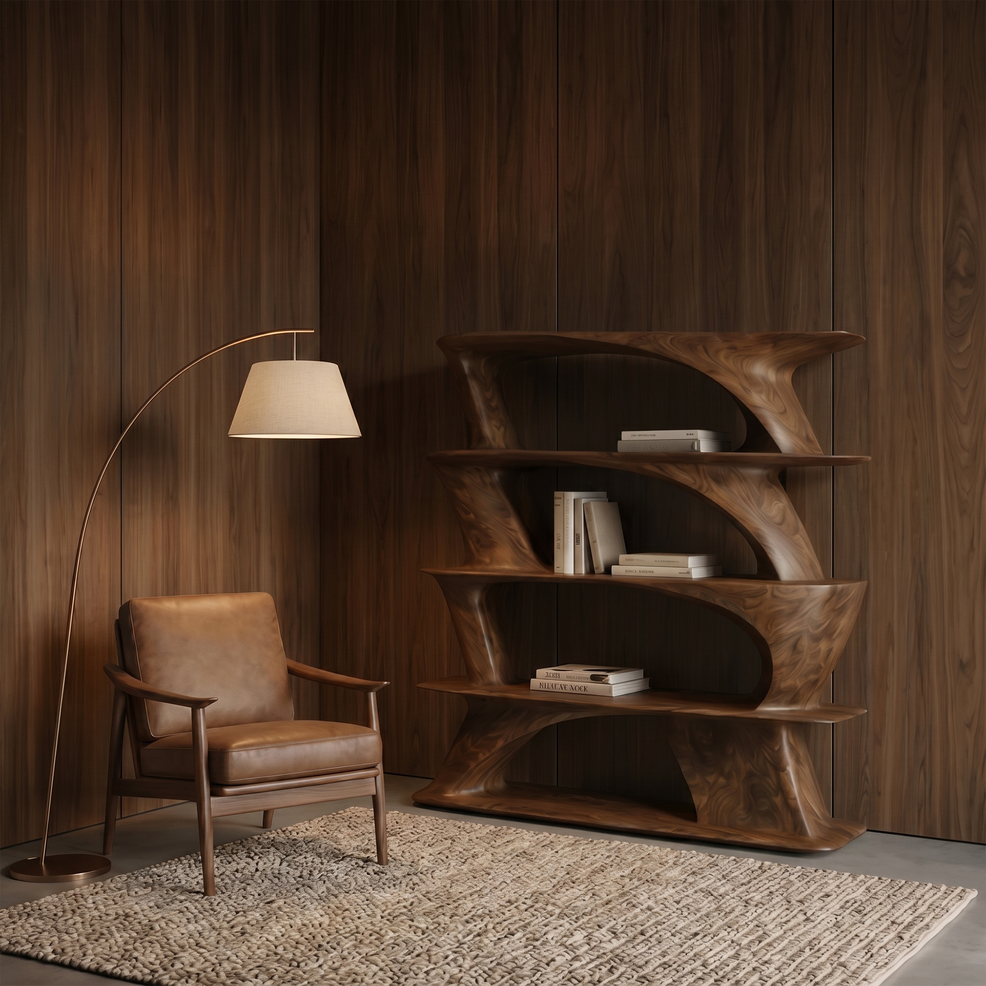 Organic Sculptural Bookshelf With Asymmetrical Open Shelves For Living Room