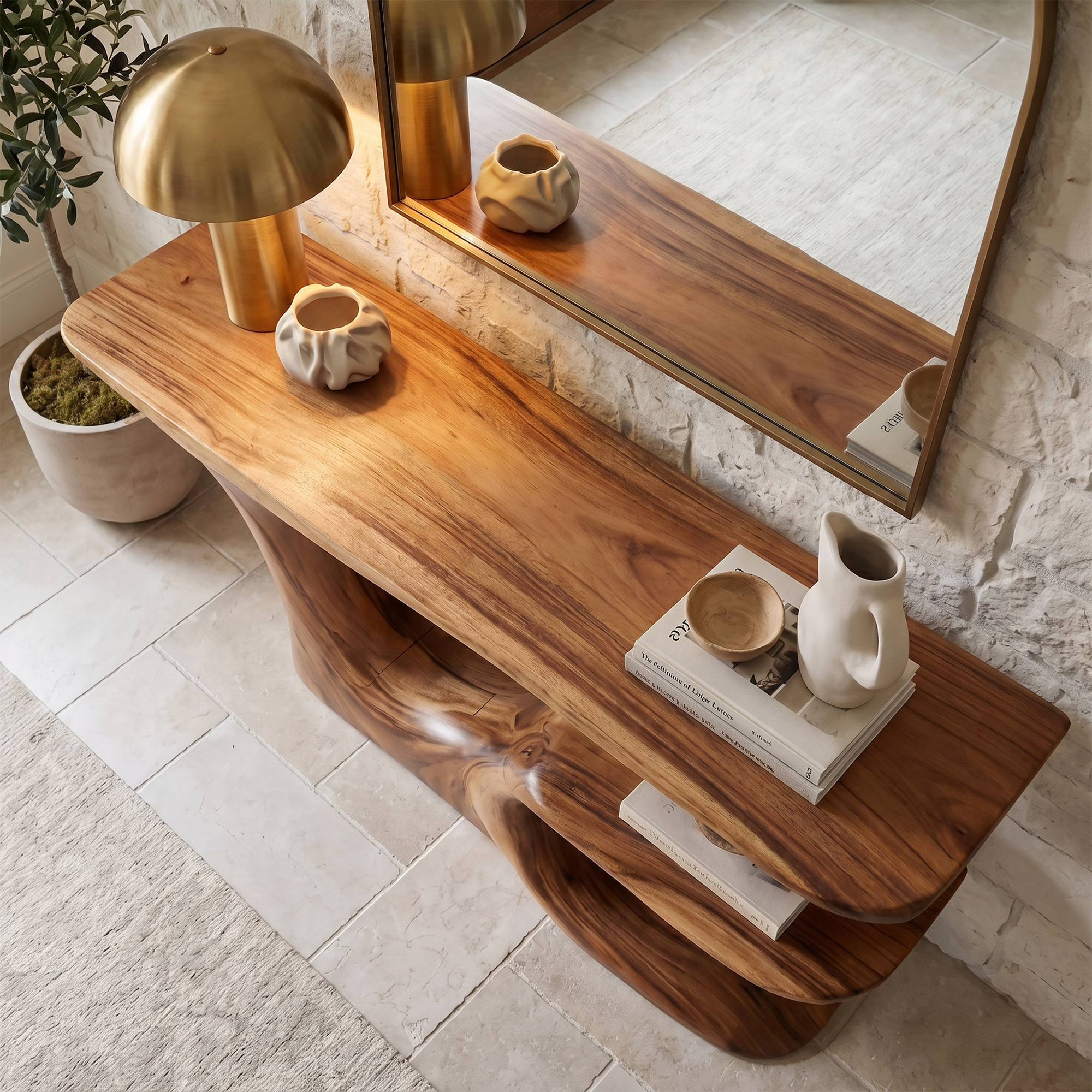 Rustic Organic Console Table With Live Edge Top And Sculptural Solid Wood Base For Entryway