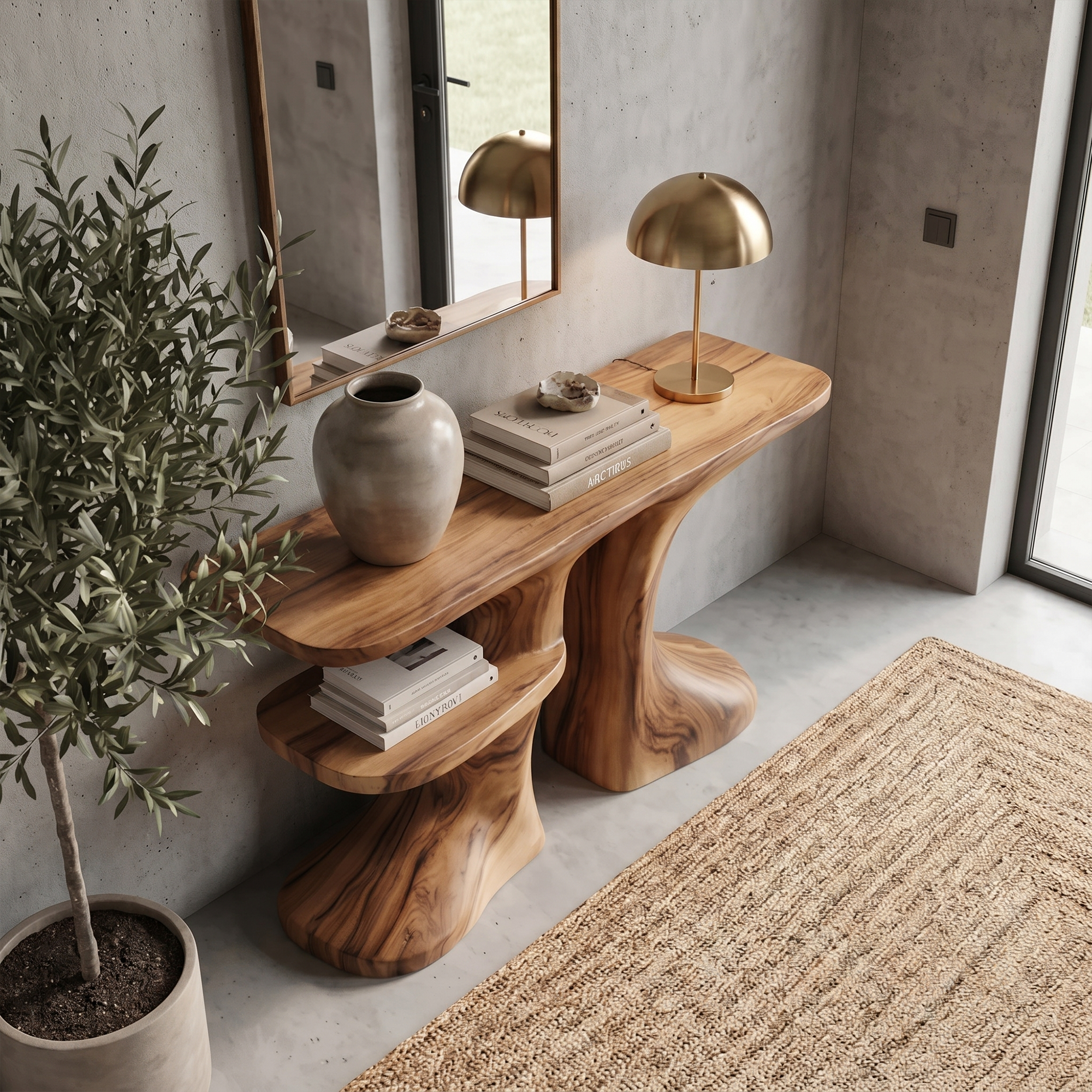 Organic Console Table With Live Edge Countertop And Sculptural Solid Wood Base For Entryway