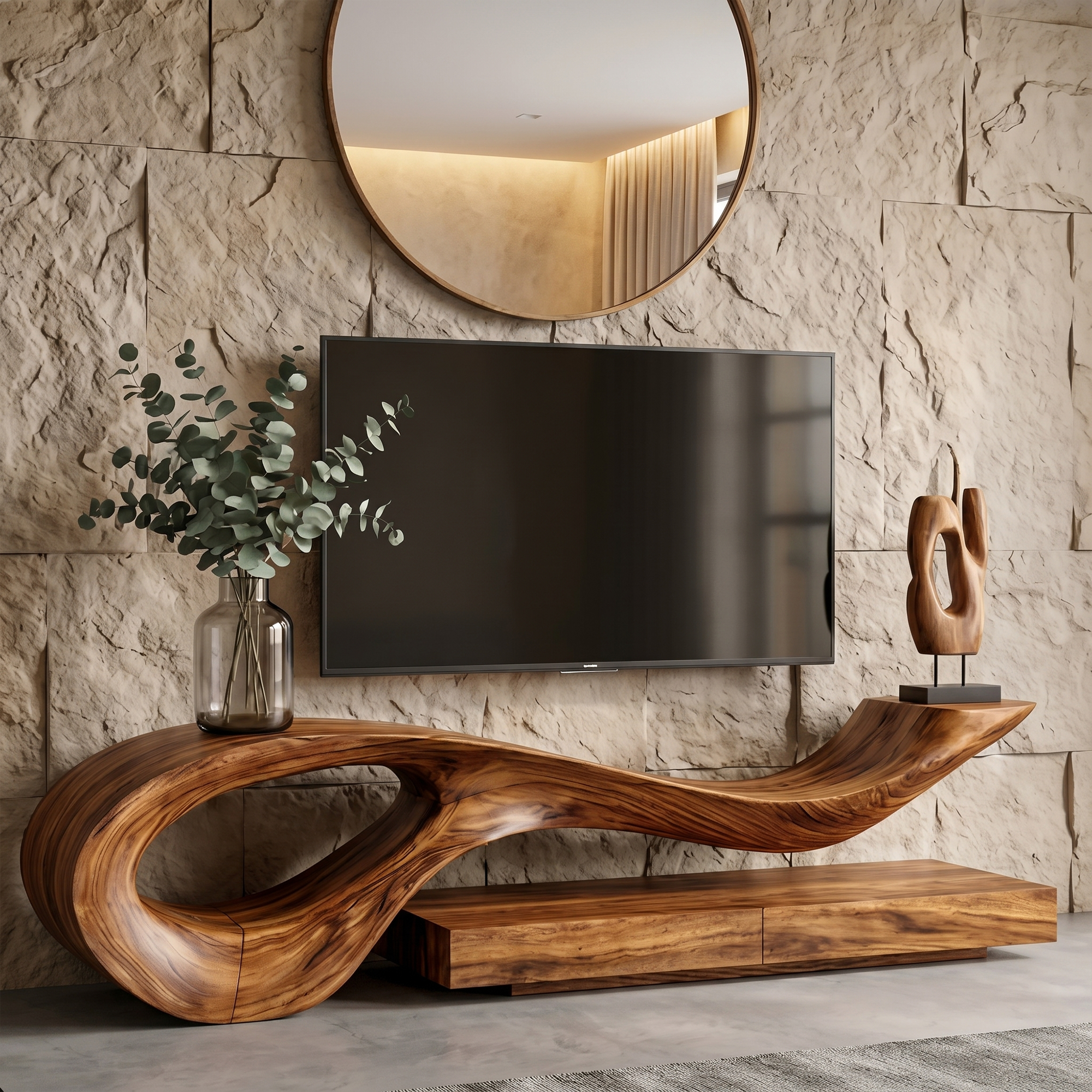 Sculptural TV Cabinet With Unique Flowing Curve Wood Base And Solid Wood Media Console For Living Room