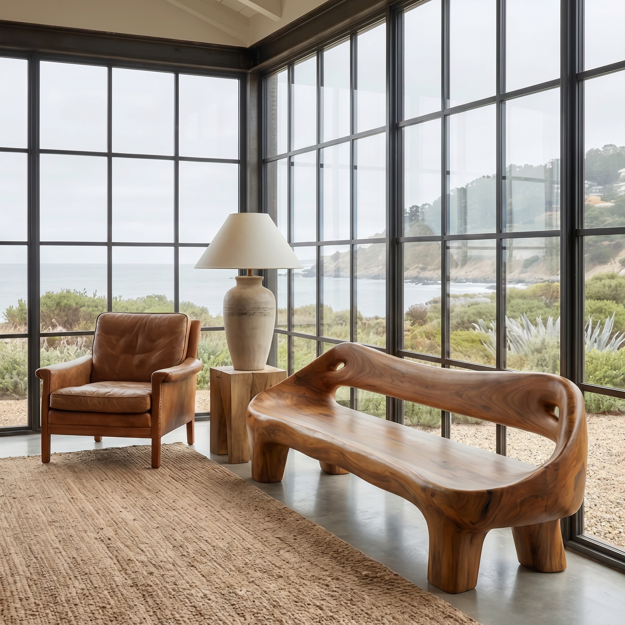 Organic Sculptural Sofa Frame With Curved Solid Wood Design For Living Room