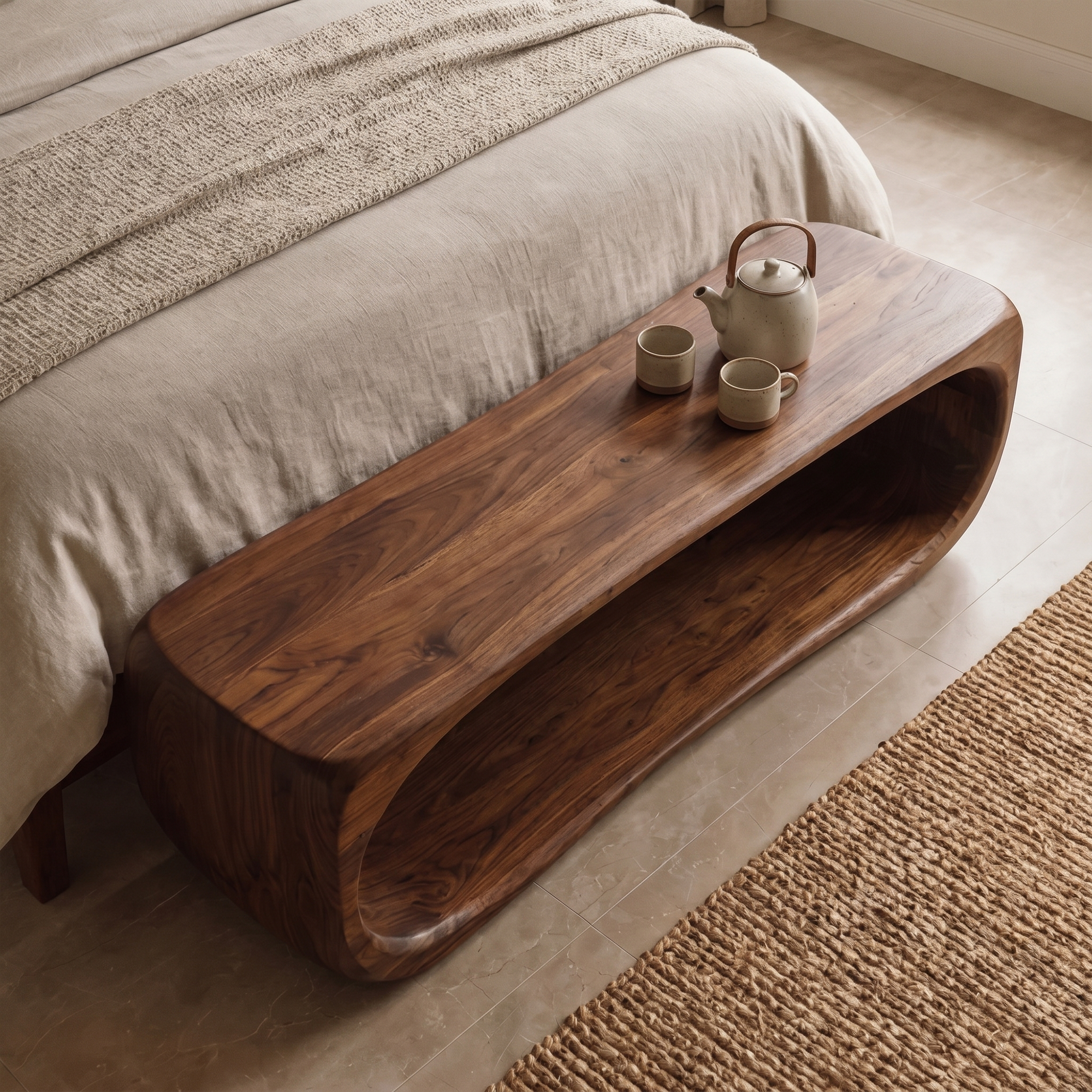 Organic Bench With Sculptural Curved Base And Open Storage Shelf For Entryway