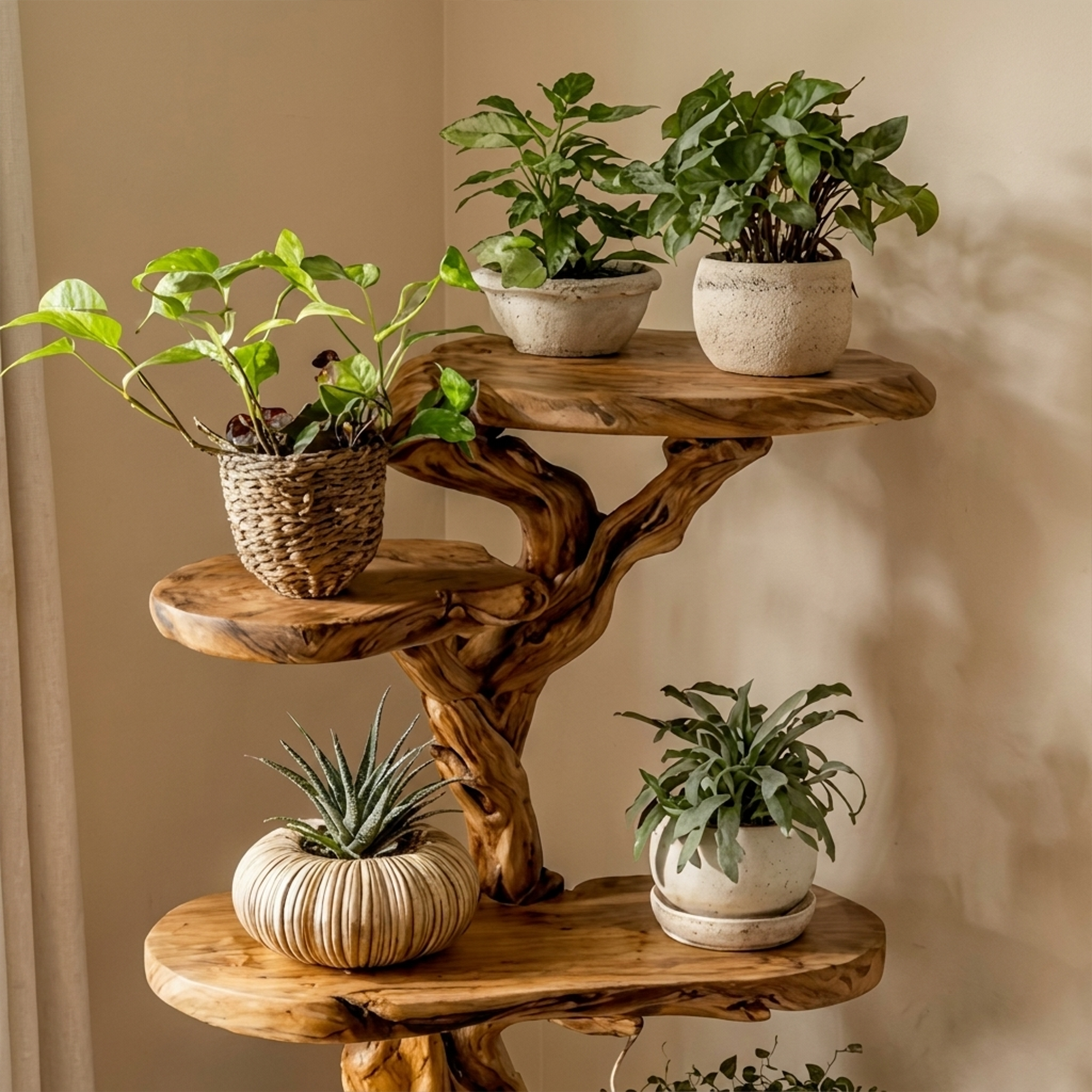 Rustic Tree Plant Shelf Natural Interior Design Home Decor