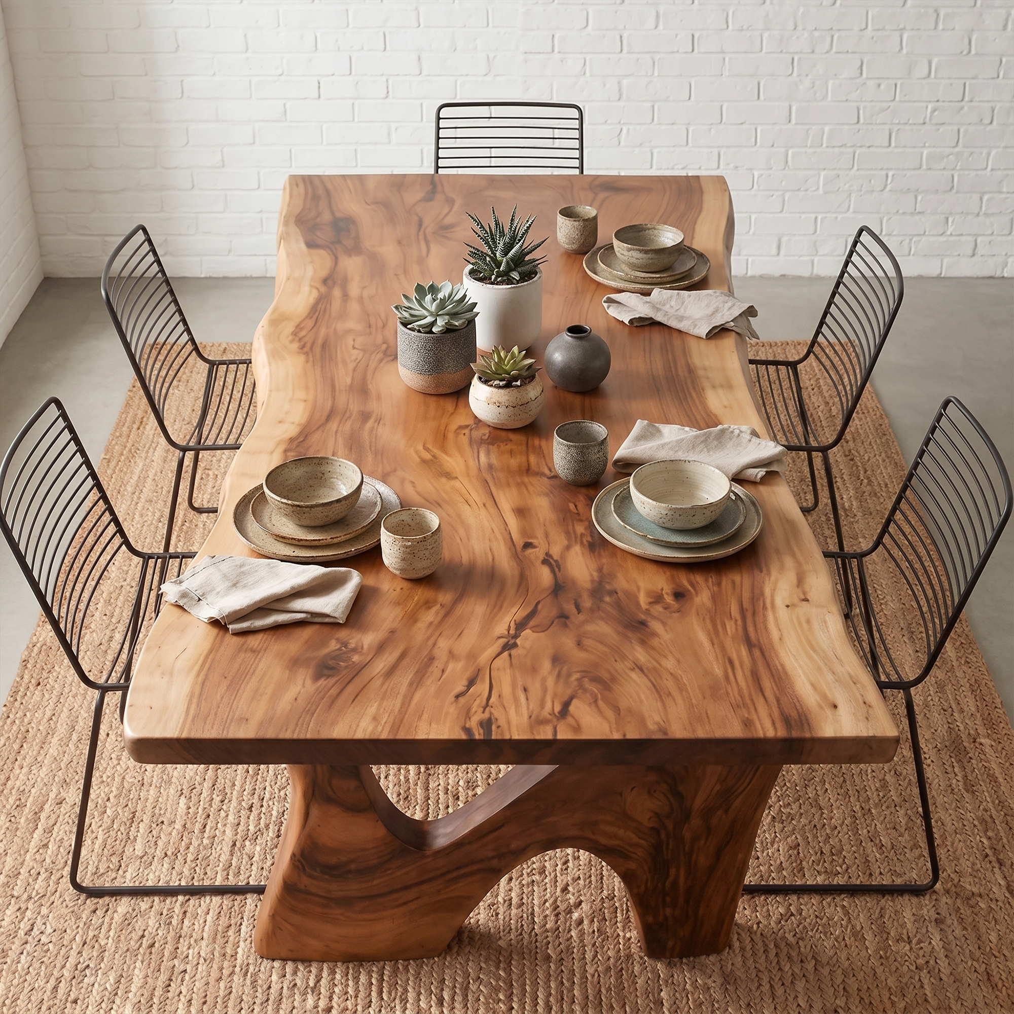 Rustic Modern Dining Table With Solid Wood Top And Sculptural Curved Base For Dining Room