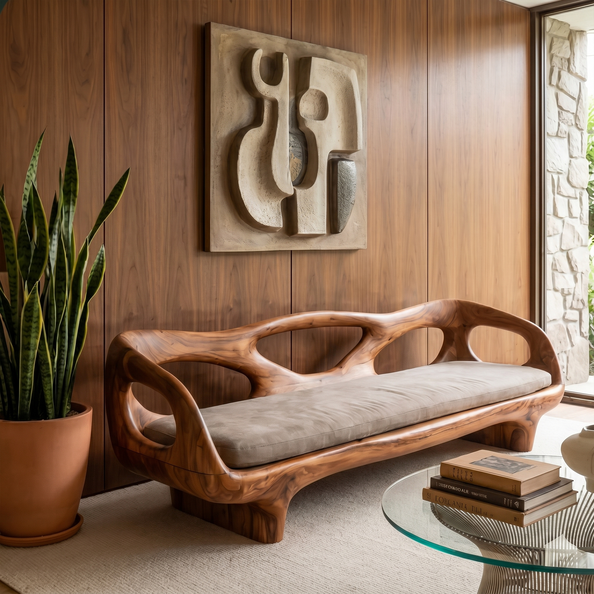 Organic Sculptural Sofa Frame With Curved Open Arm Design For Living Room