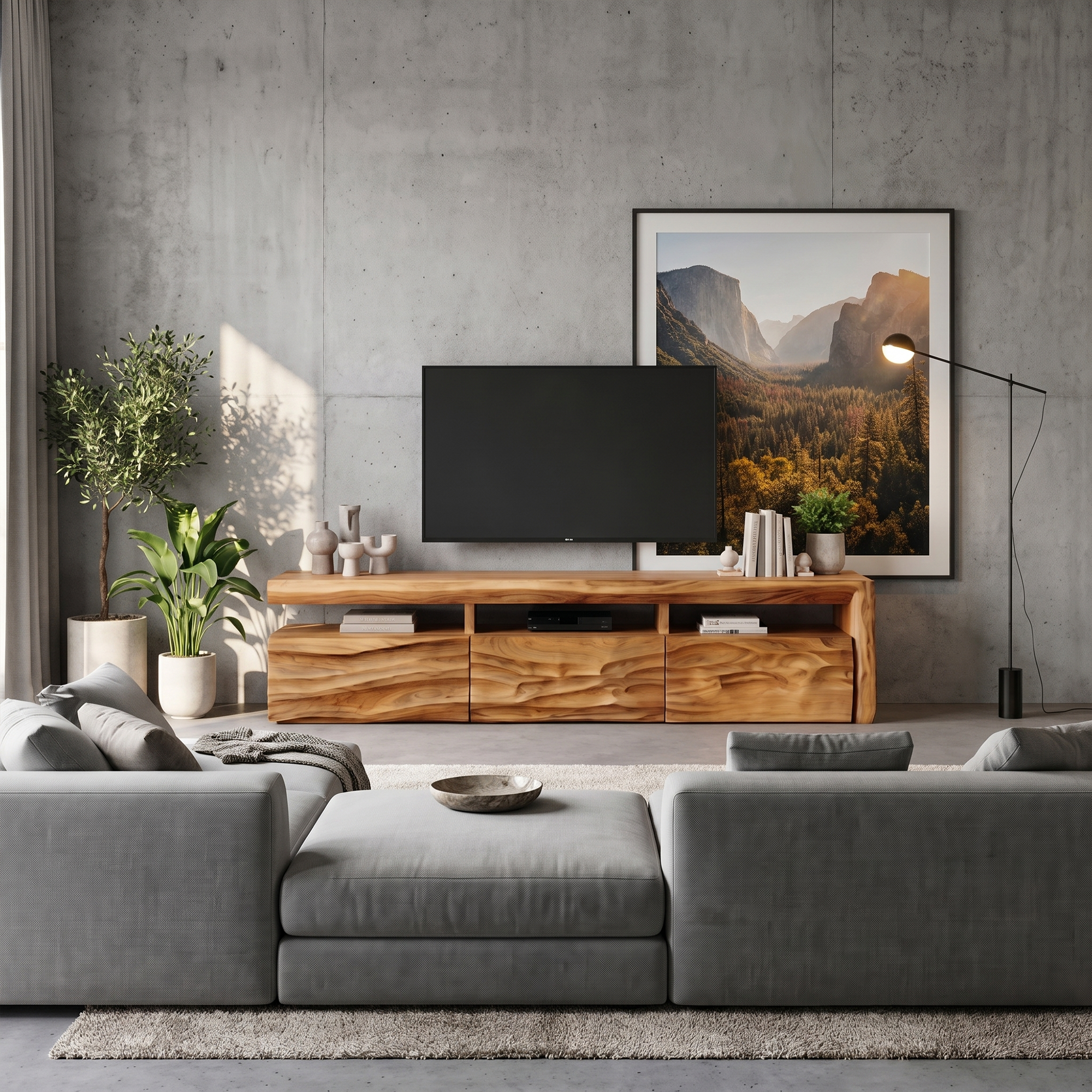 Organic TV Cabinet With Hand Carved Solid Wood Front And Open Media Storage For Living Room