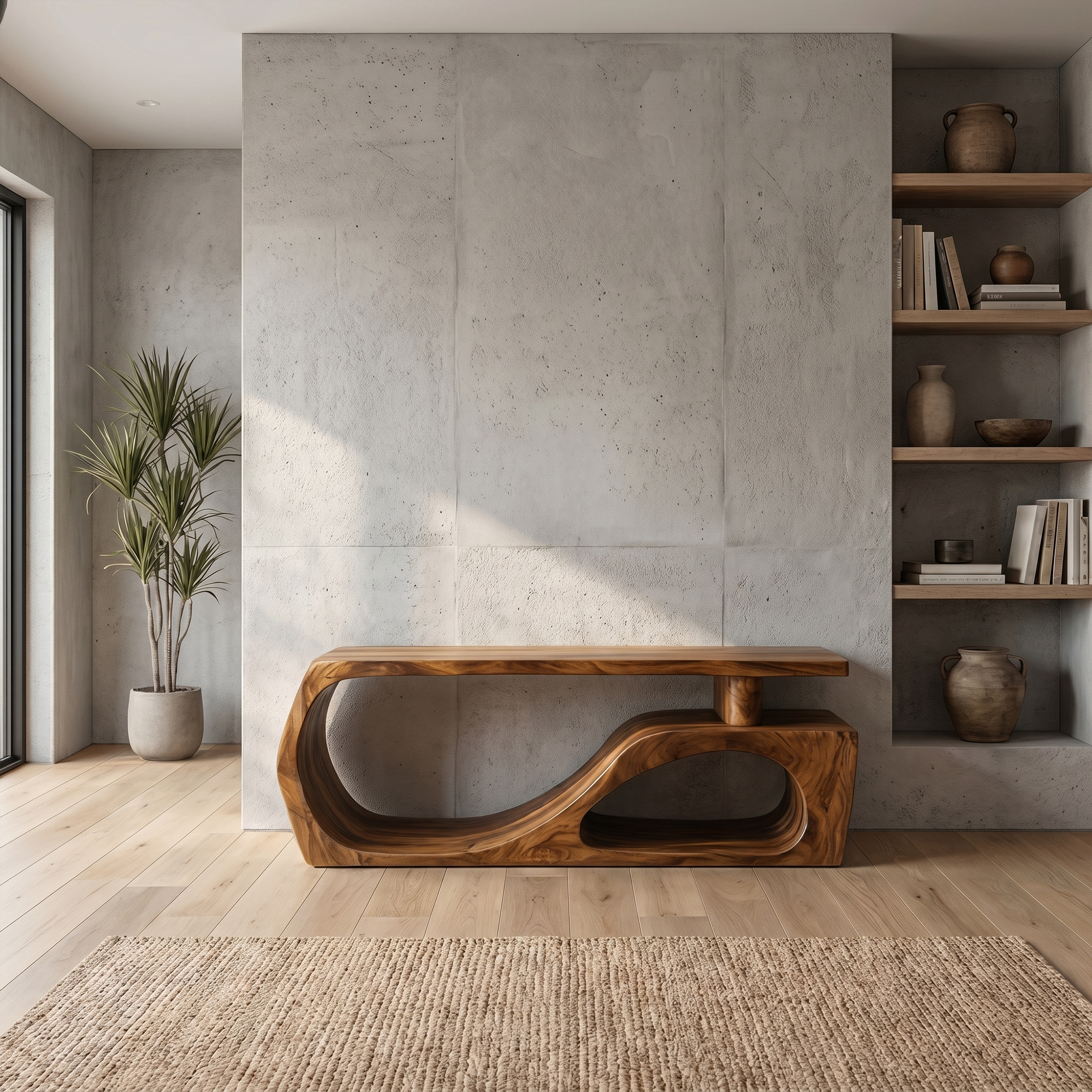 Contemporary Bench With Curved Open Shoe Storage For Entryway And Living Room