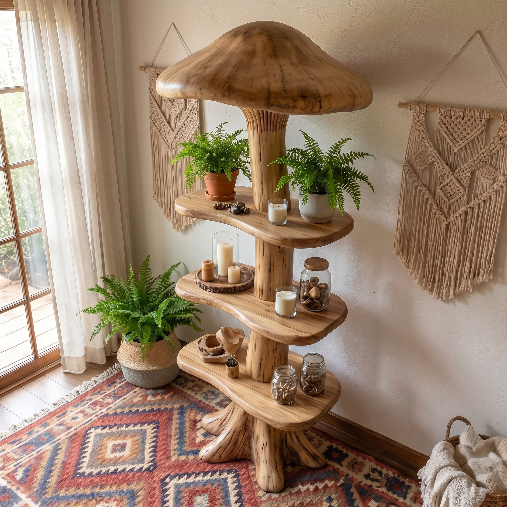 Organic Mushroom Bookshelf With Handcrafted Solid Wood Shelves For Living Room