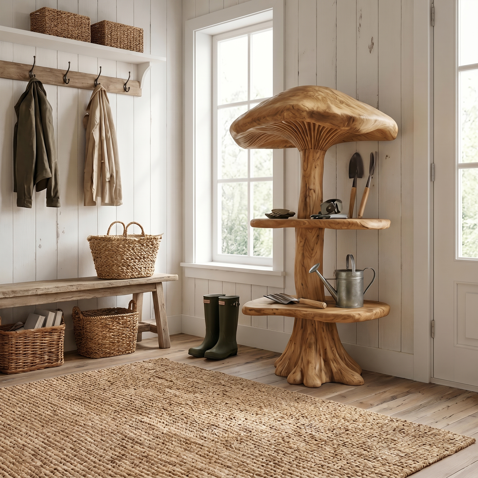 Organic Mushroom Display Bookshelf With Solid Wood Shelving For Living Room