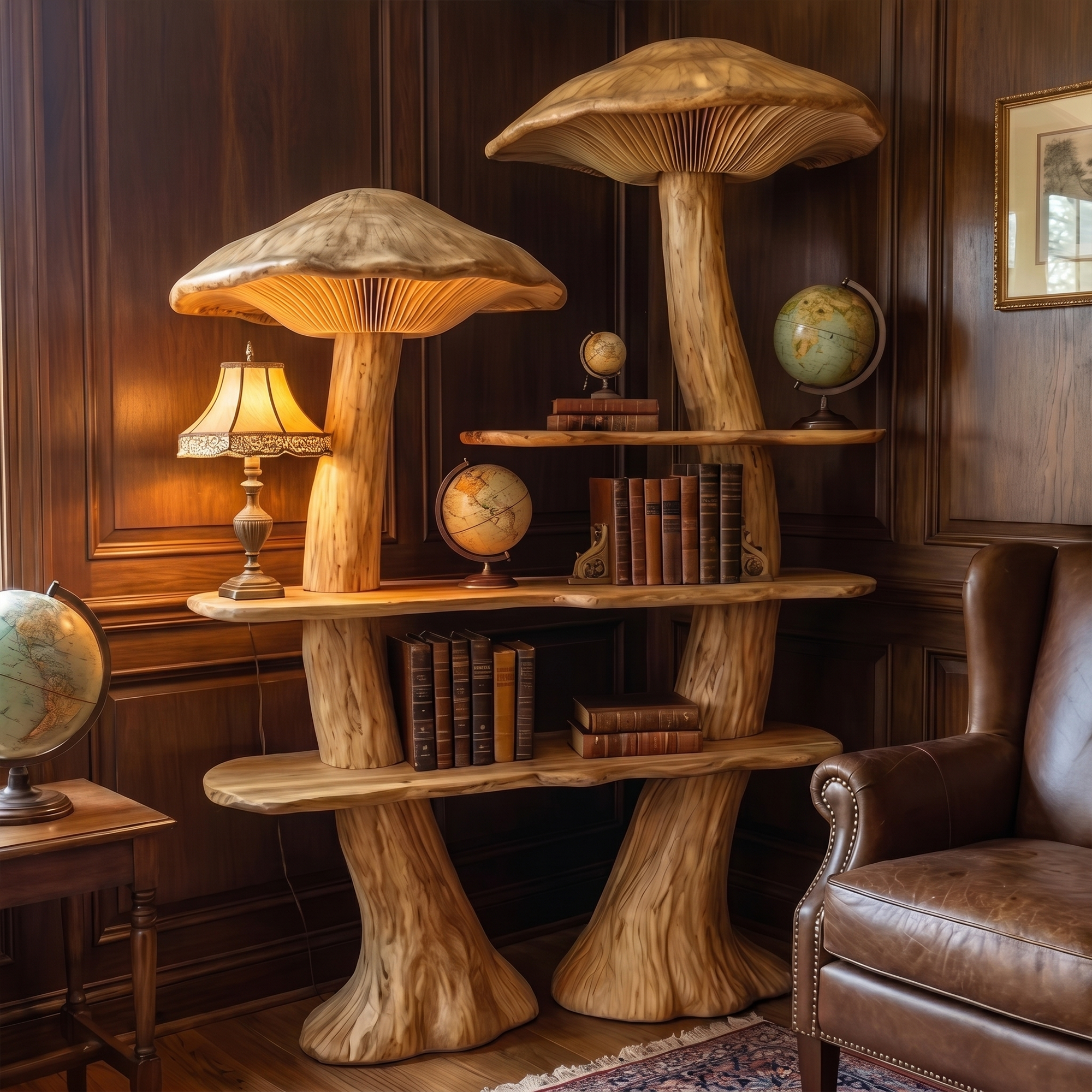 Rustic Mushroom Bookshelf With Tree Trunk Base And Solid Wood Shelves For Living Room