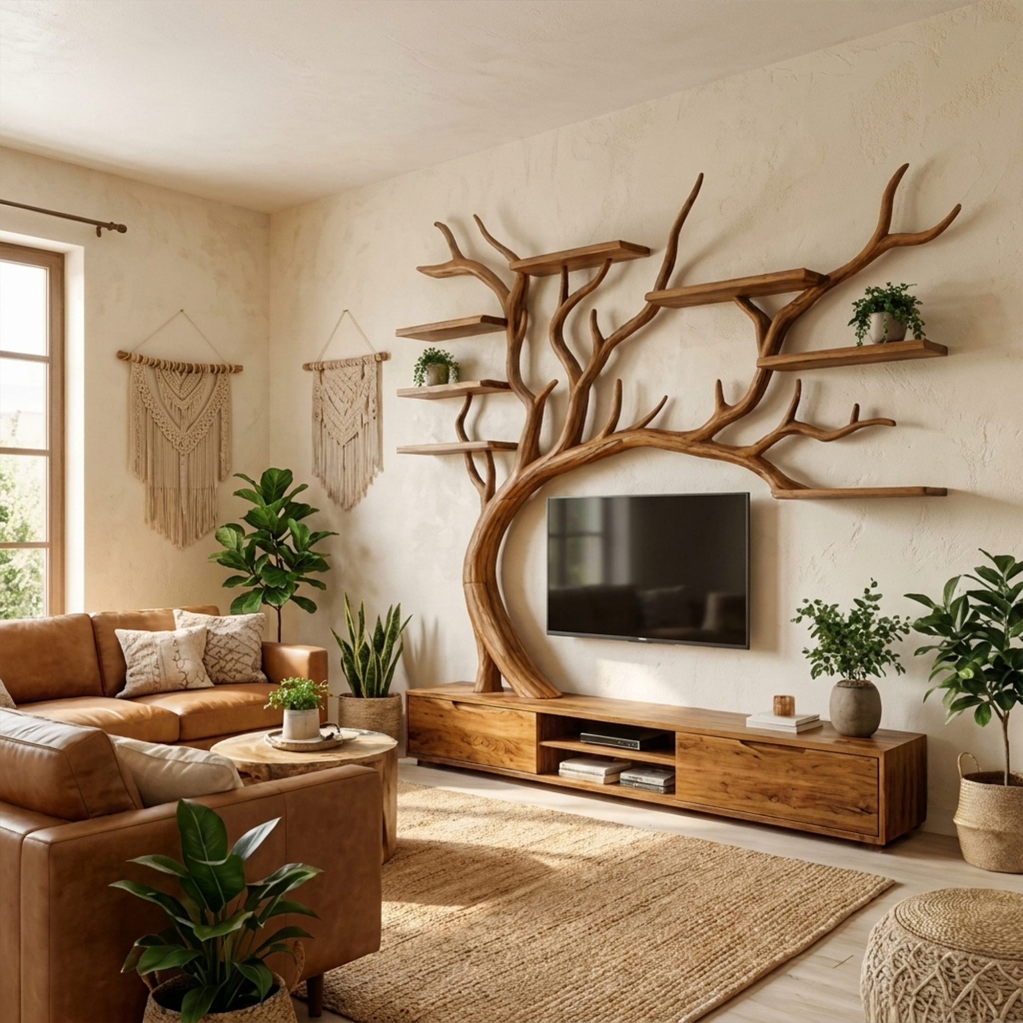 Nature Inspired Tree TV Wall Shelf For Living Room Media Storage And Decor