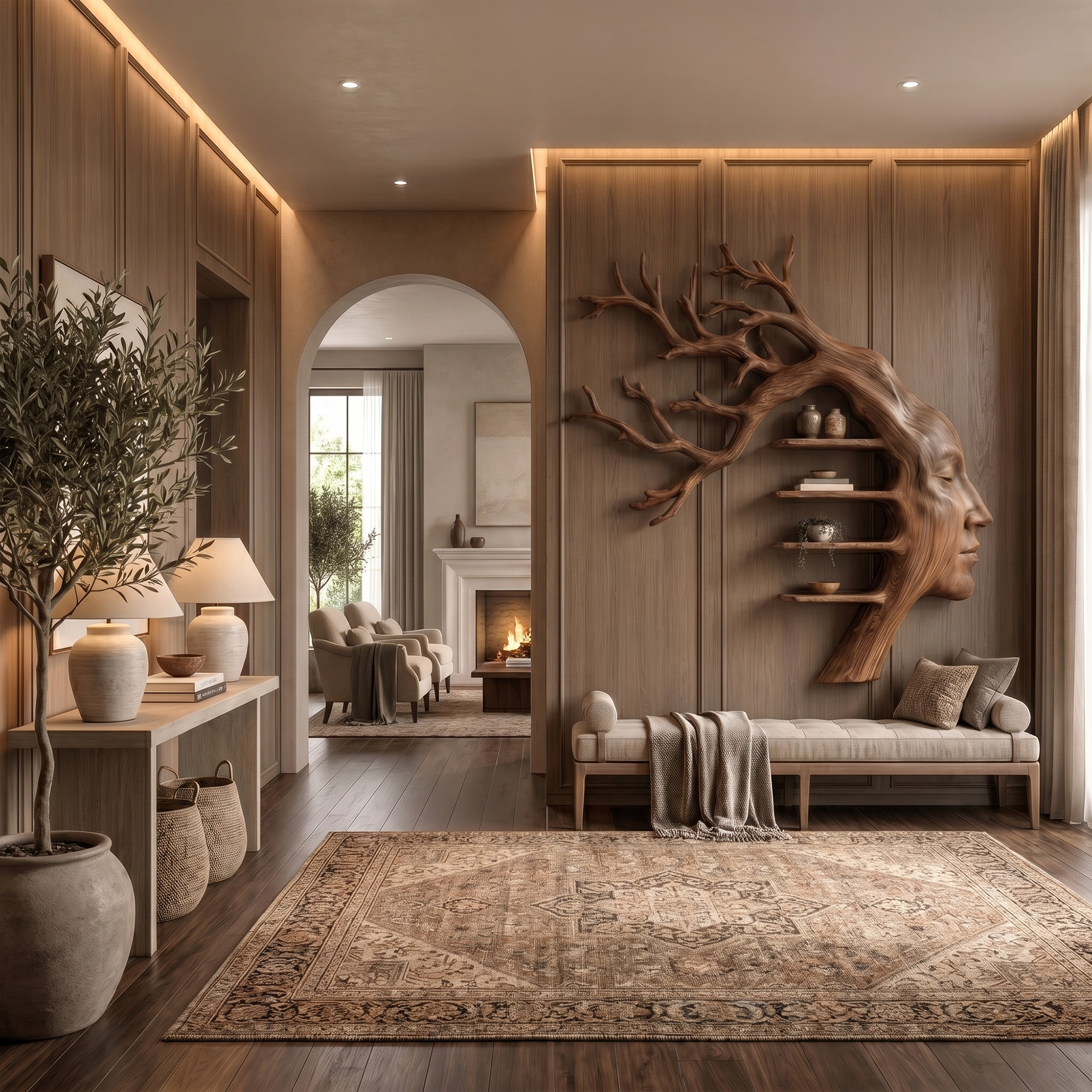 Rustic Tree Branch Wooden Wall Art With Floating Shelves For Living Room And Entryway