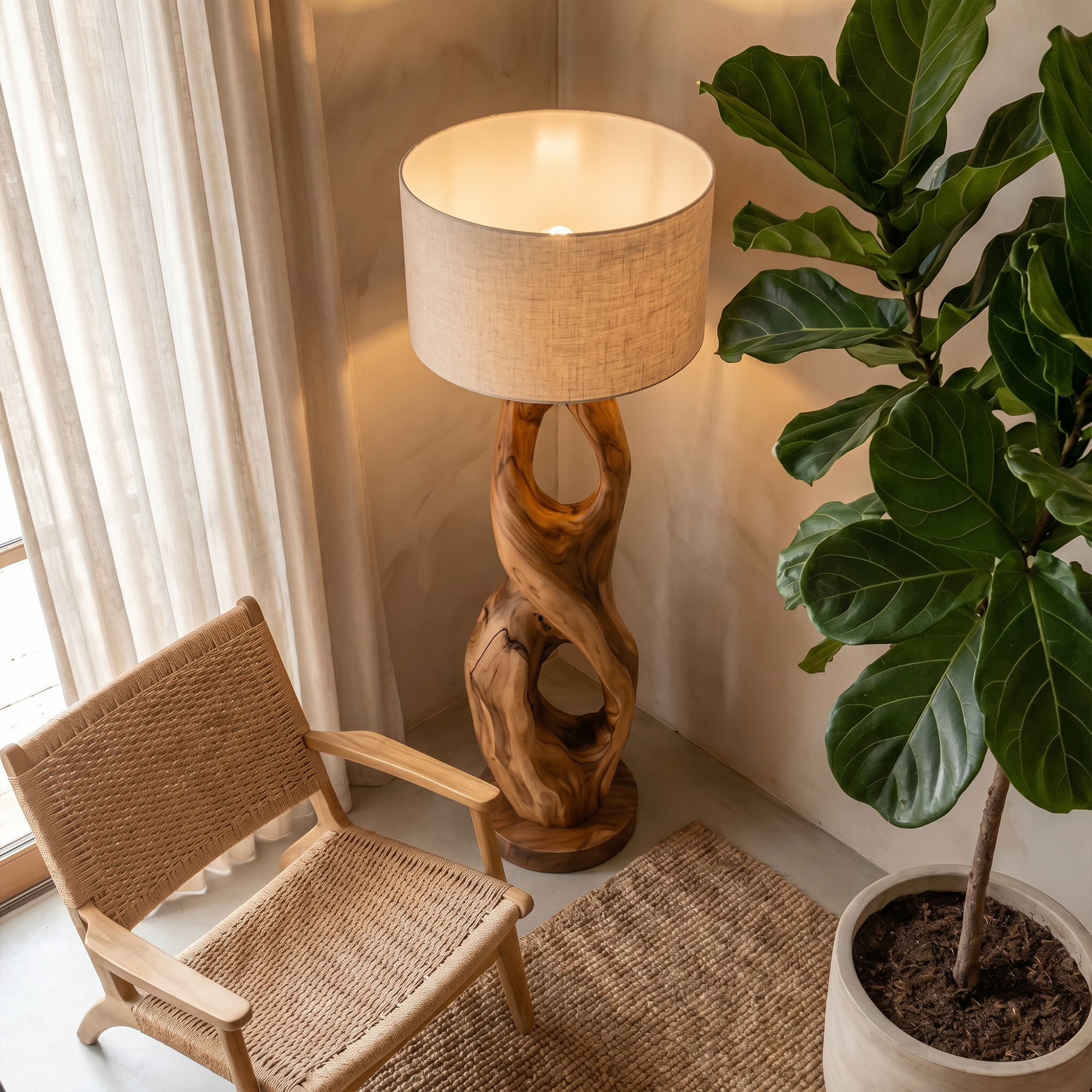 Rustic Floor Lamp With Handcrafted Hollow Wood Sculpture Base For Living Room