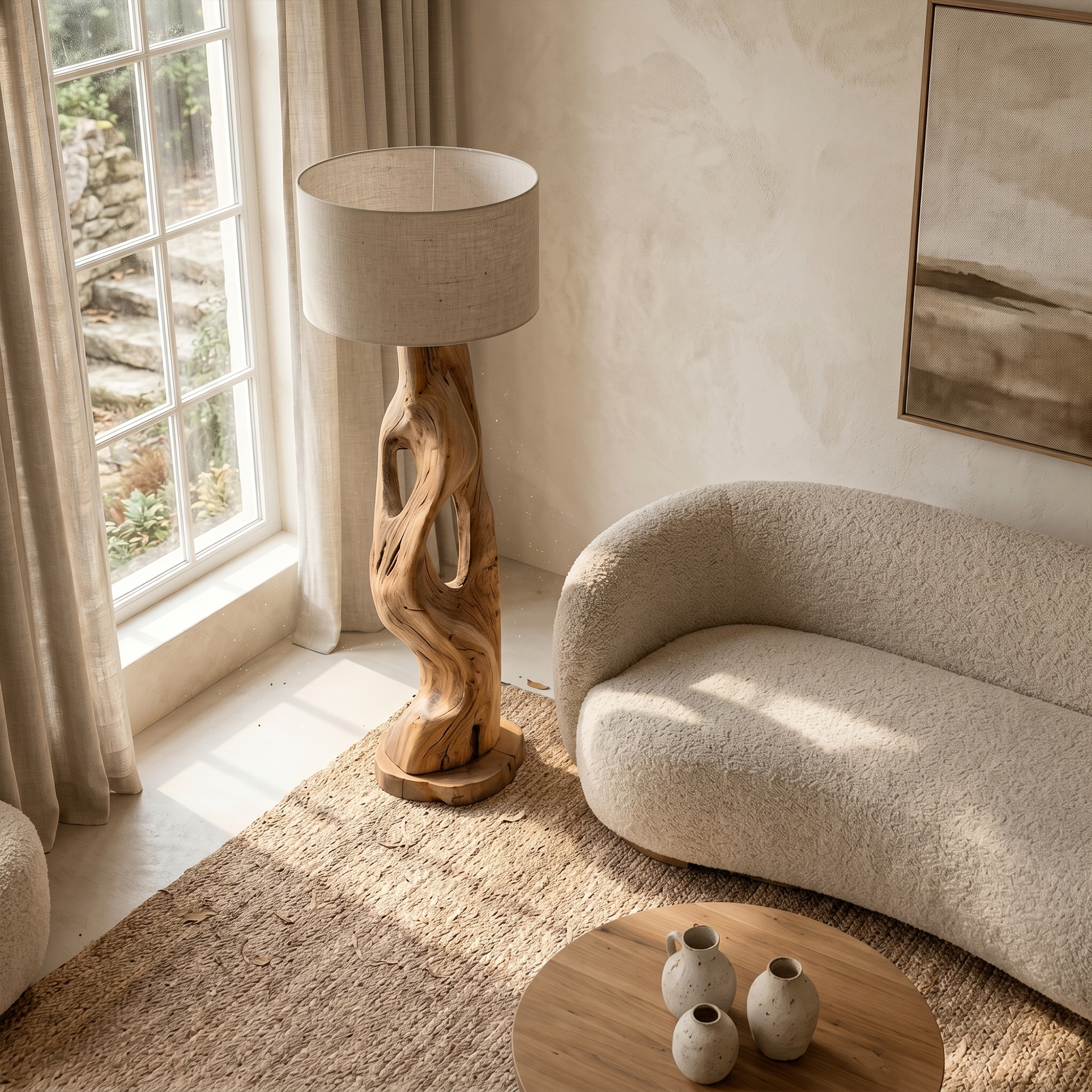 Organic Modern Standing Lamp With Artistic Solid Wood Base For Living Room