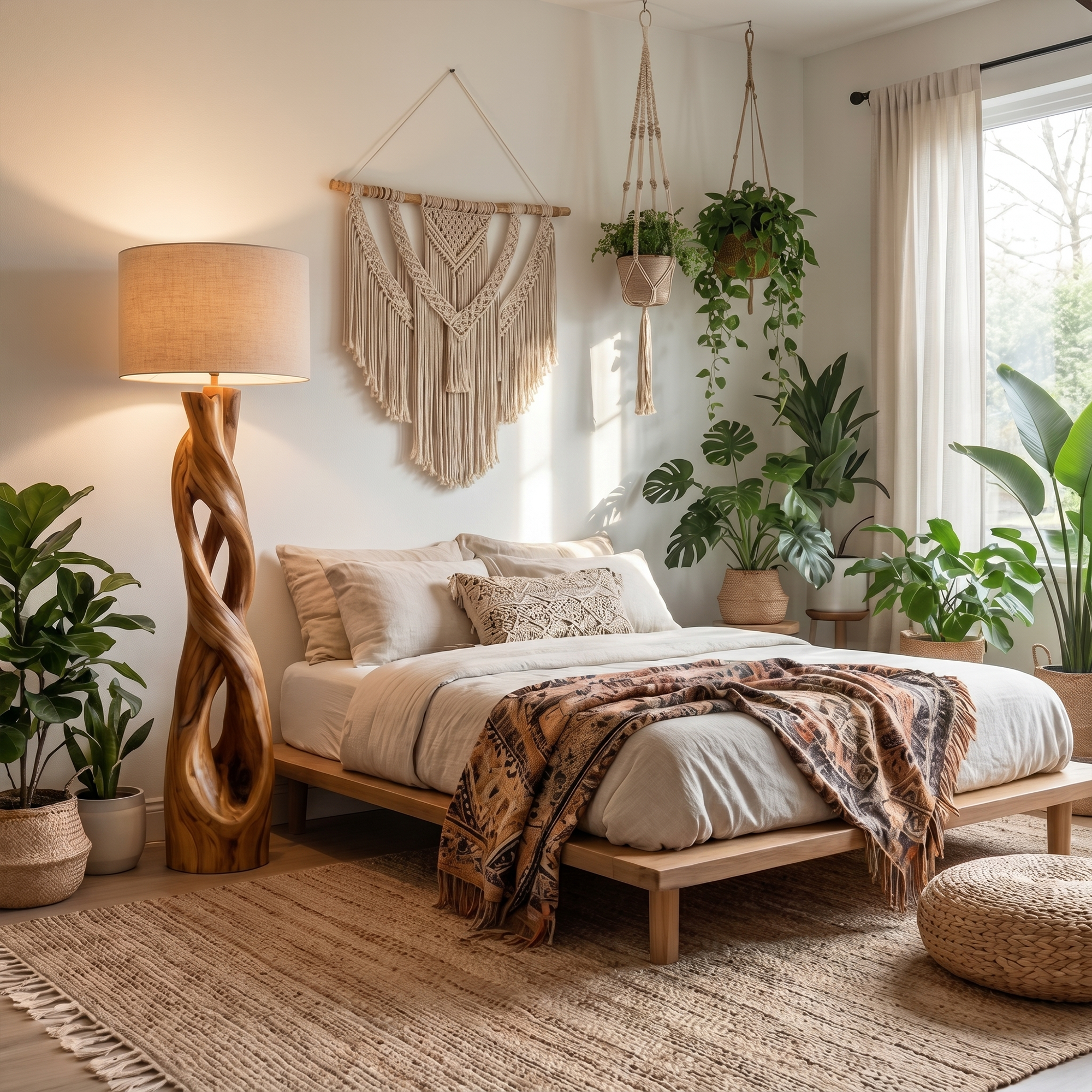 Nature Inspired Floor Lamp With Sculptural Wood Form And Fabric Shade For Living Room