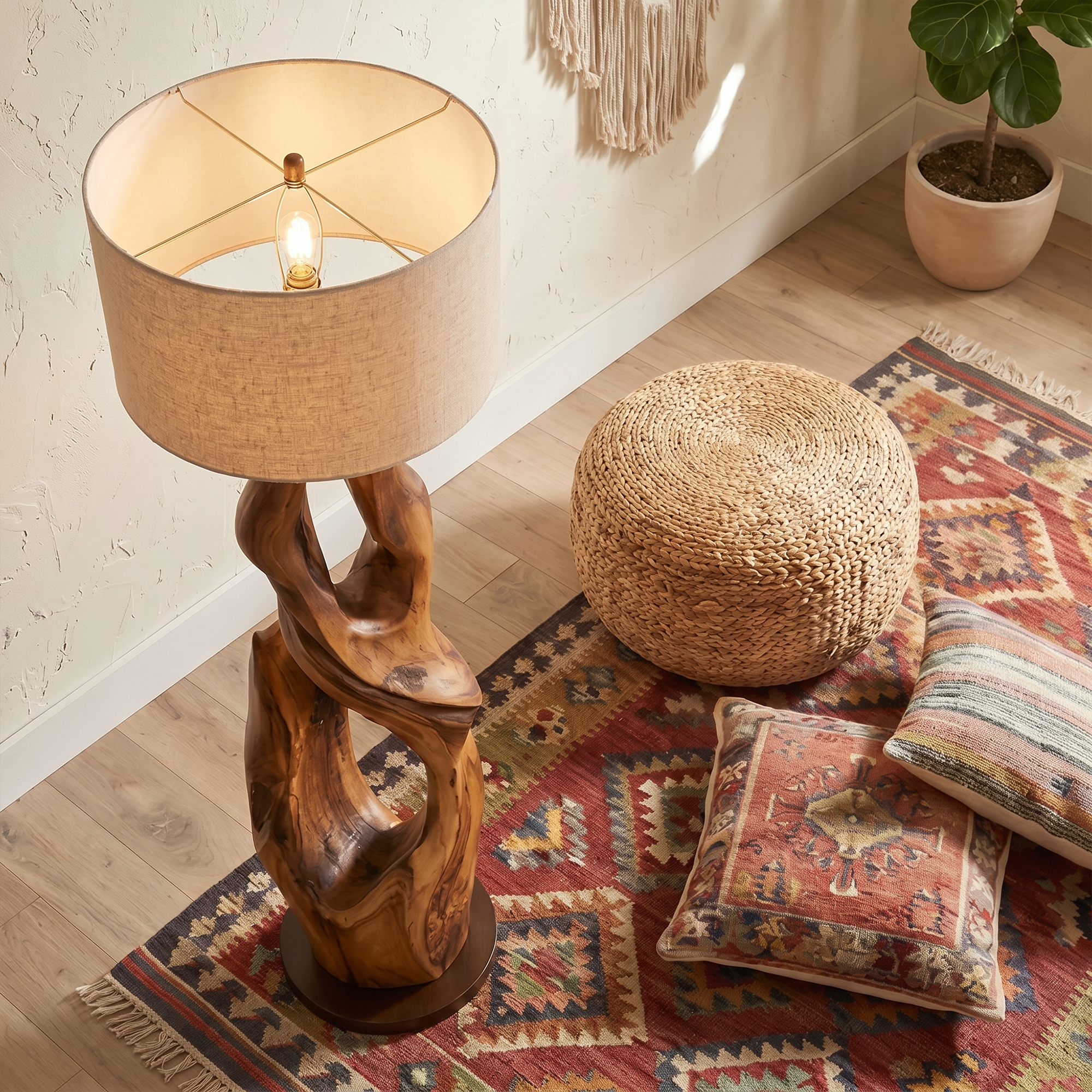 Contemporary Organic Floor Lamp With Artistic Hollow Wood Structure For Living Room