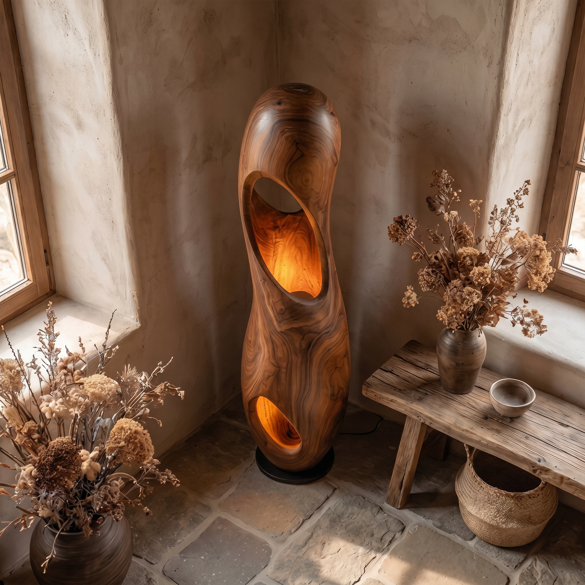 Organic Floor Lamp With Sculptural Hollow Wood Tower Design For Living Room