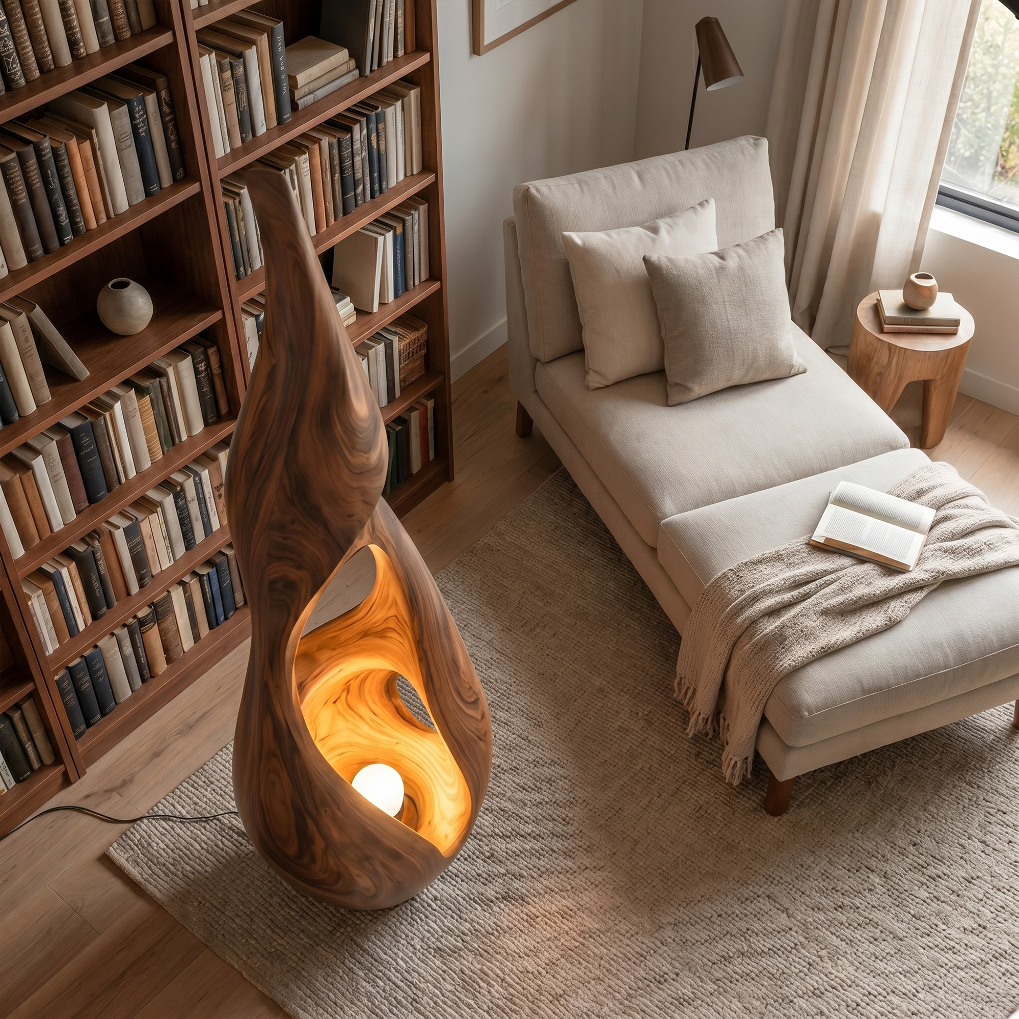 Nature Inspired Floor Lamp With Sculptural Solid Wood Form For Living Room