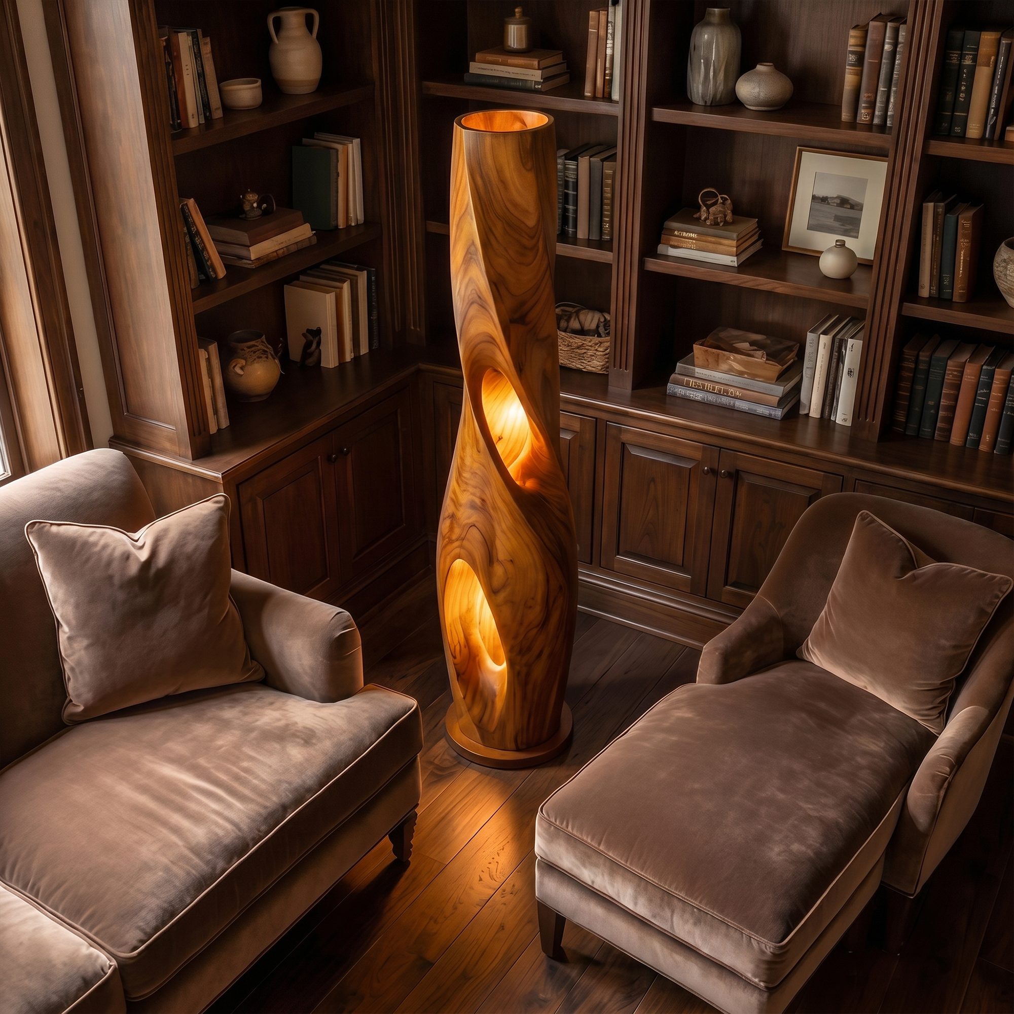 Modern Sculptural Floor Lamp With Hollow Solid Wood Design For Living Room