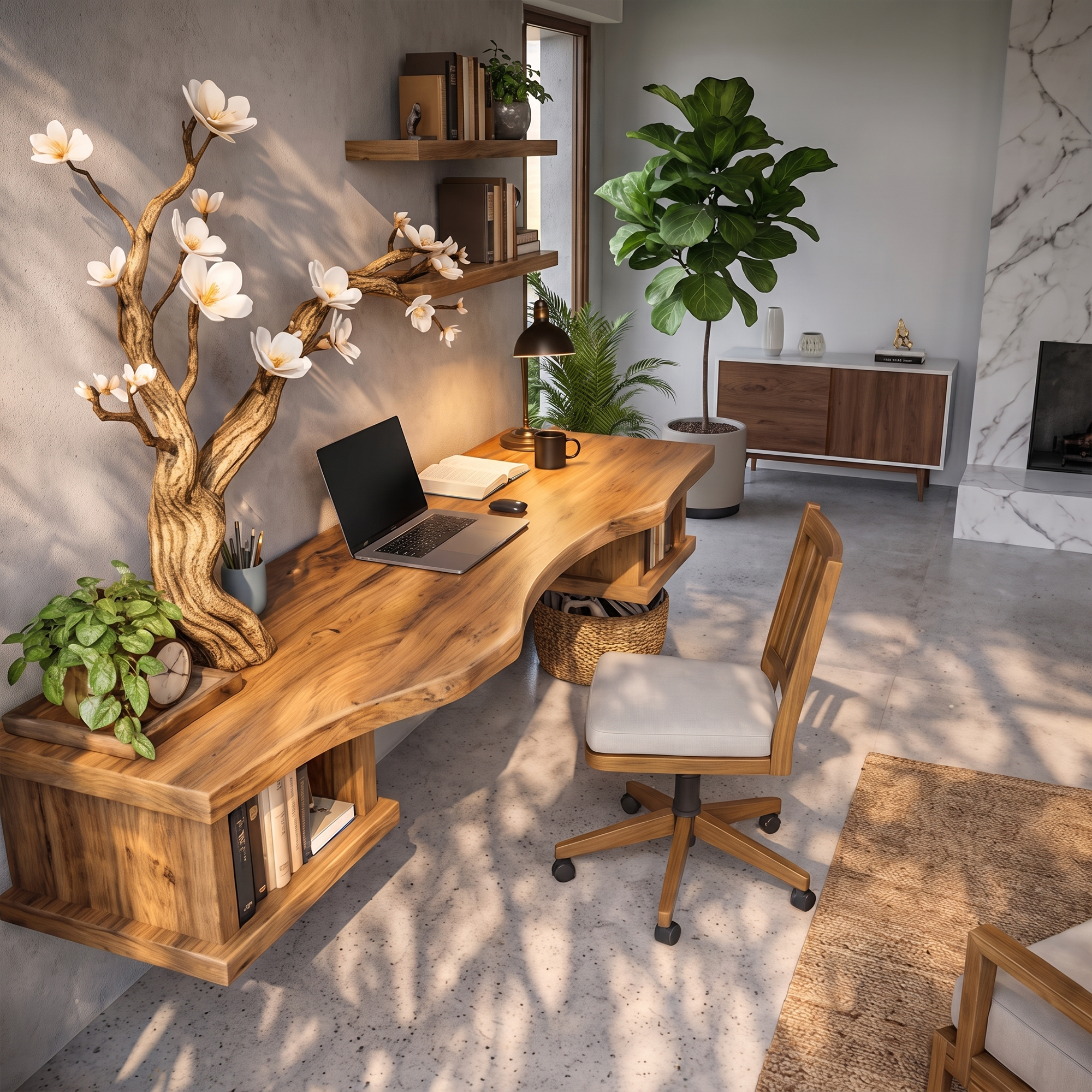 Organic Sculptural Floating Desk With Tree Branch Art For Home Office