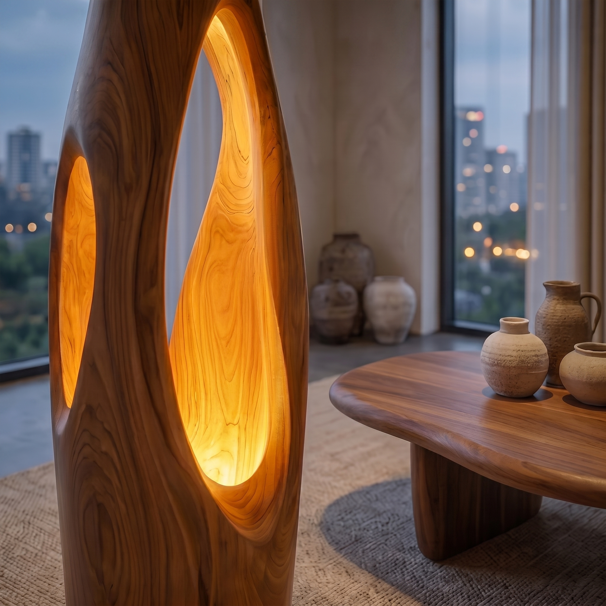 Modern Organic Floor Lamp With Illuminated Hollow Wood Design For Living Room
