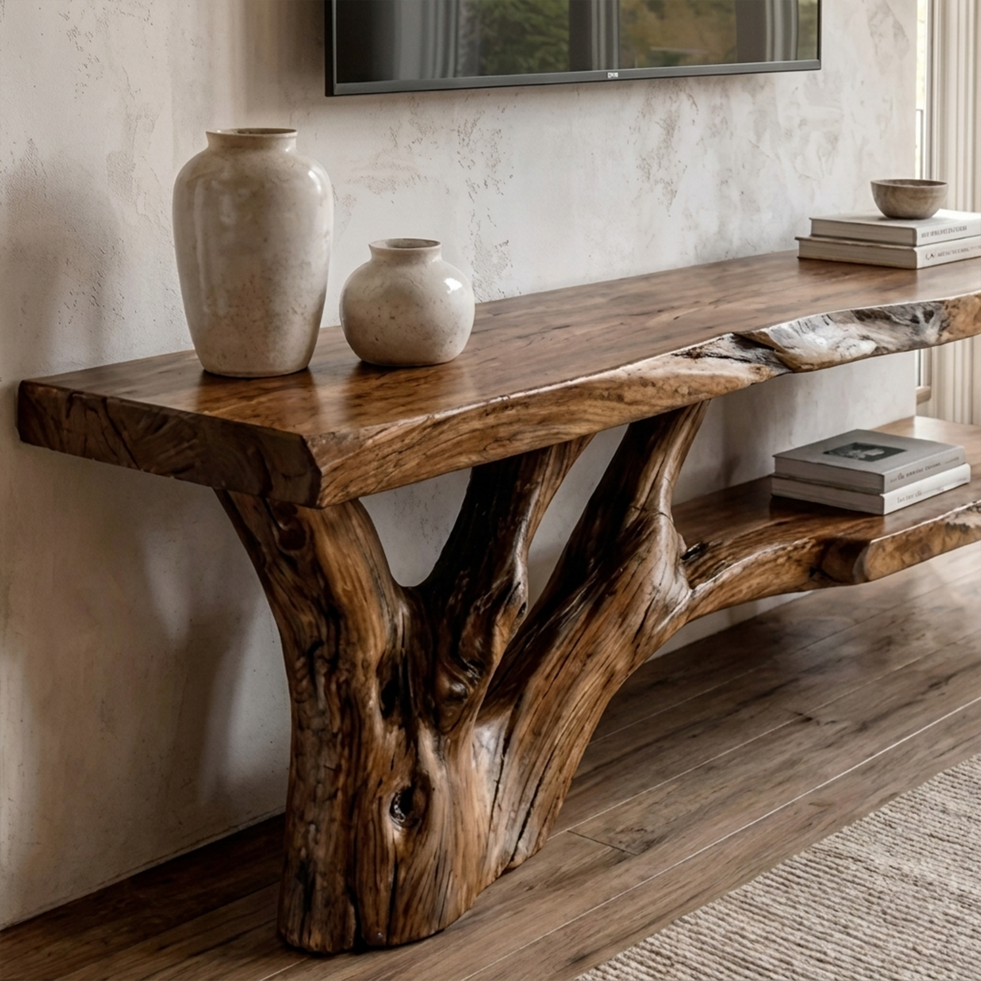 Mid Century Console Table Wood Backing Statement Luxury Showroom
