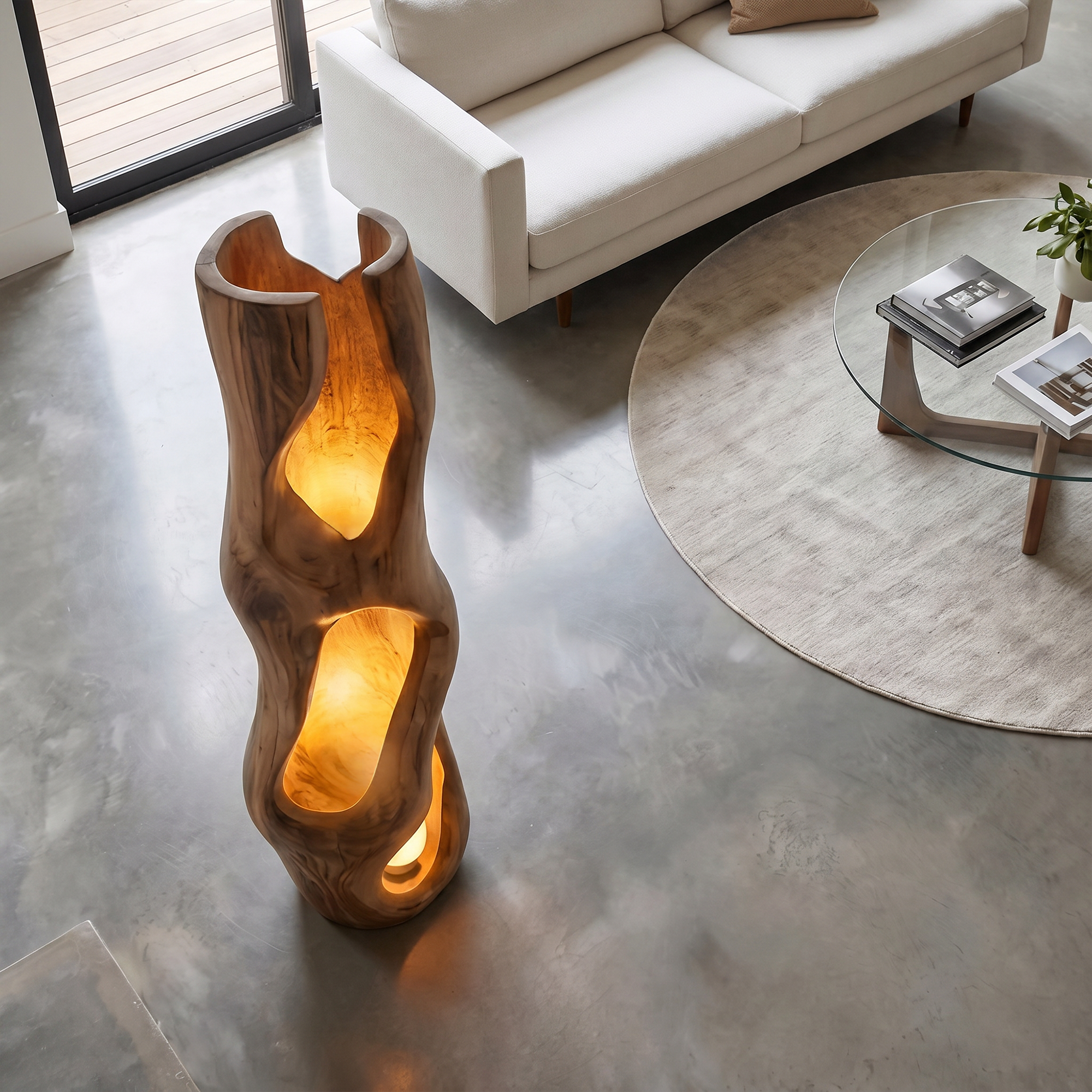 Nature Inspired Floor Lamp Carved Wood Sculpture For Living Room
