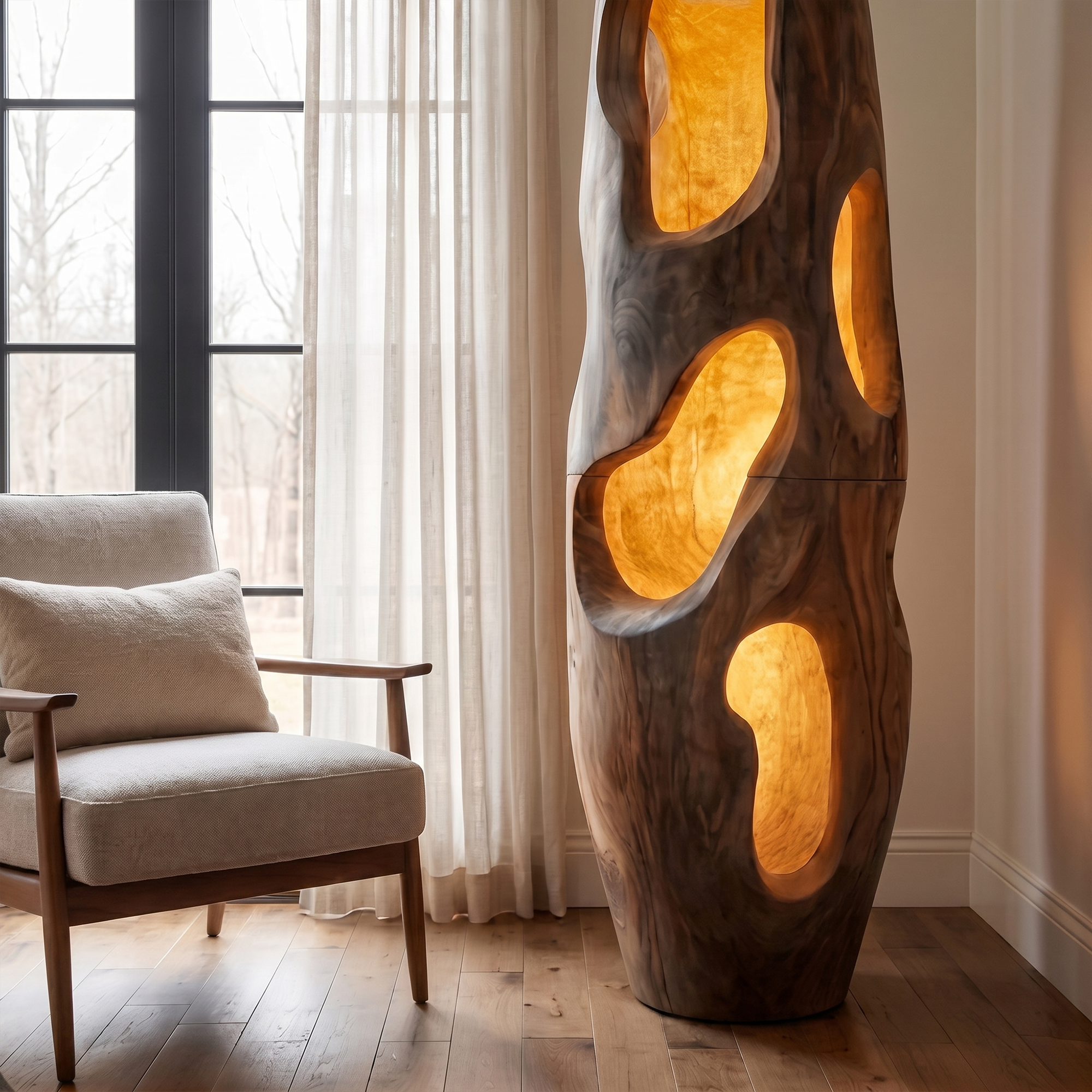 Sculptural Floor Lamp Natural Wood Form For Living Room