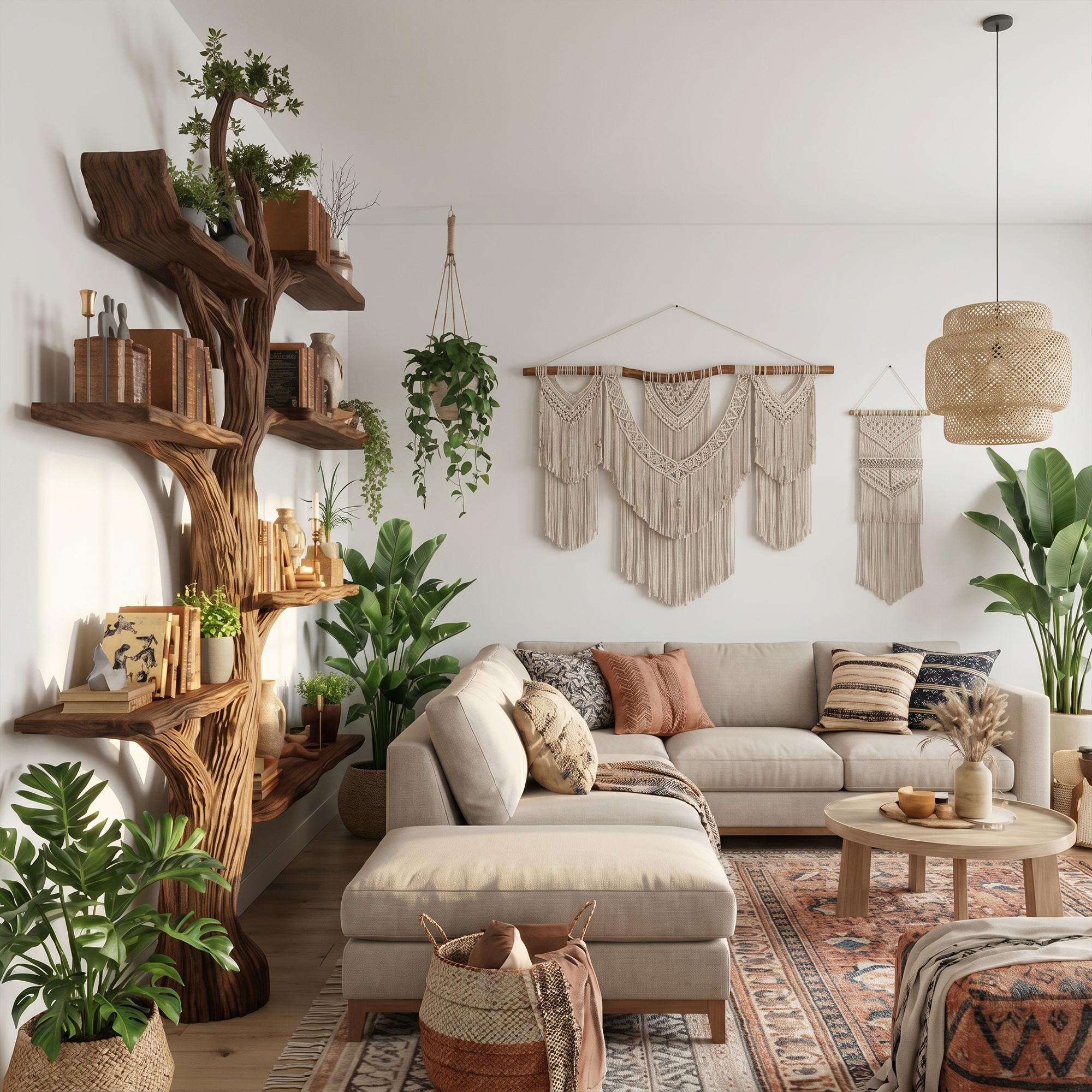 Rustic Handcrafted Tree Bookshelf For Living Room