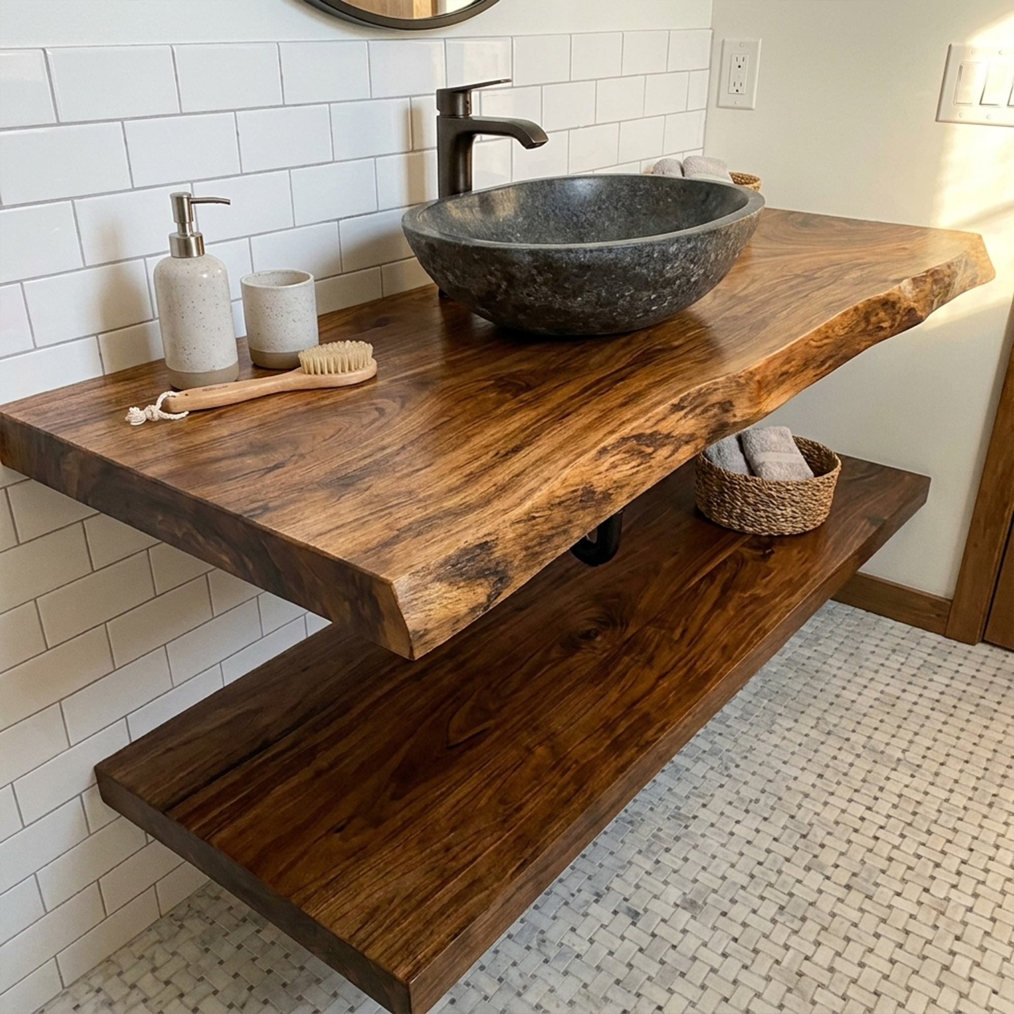 Mid Century Bathroom Vanity Shelf Curved Edge Wood Bathroom Look