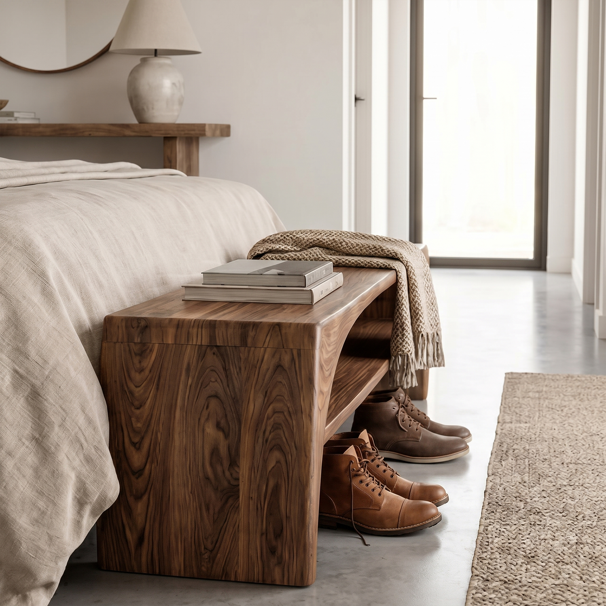 Rustic Live Edge Bench With Open Shoe Storage Shelf For Entryway