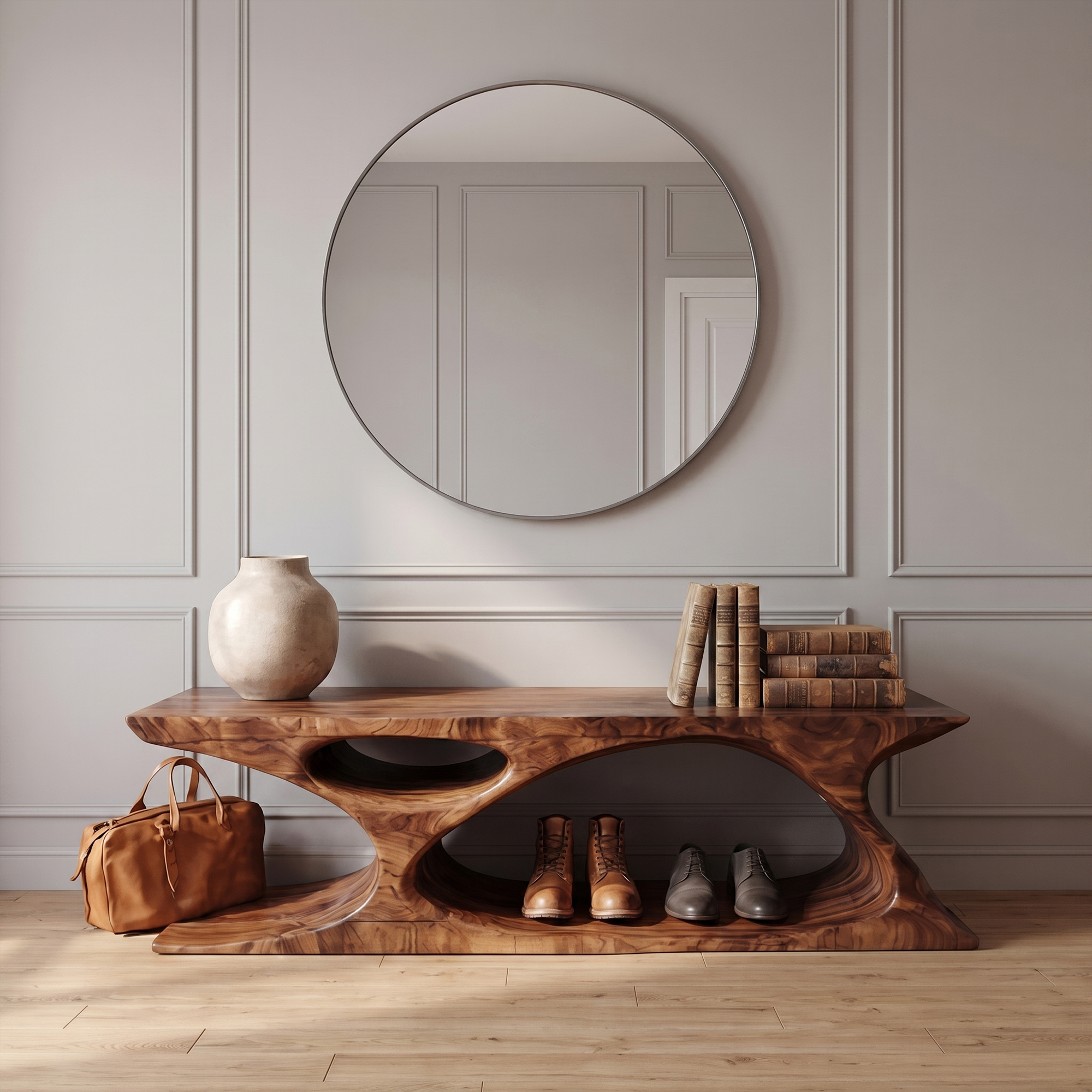 Modern Bench With Sculptural Open Base And Built In Shoe Storage For Entryway