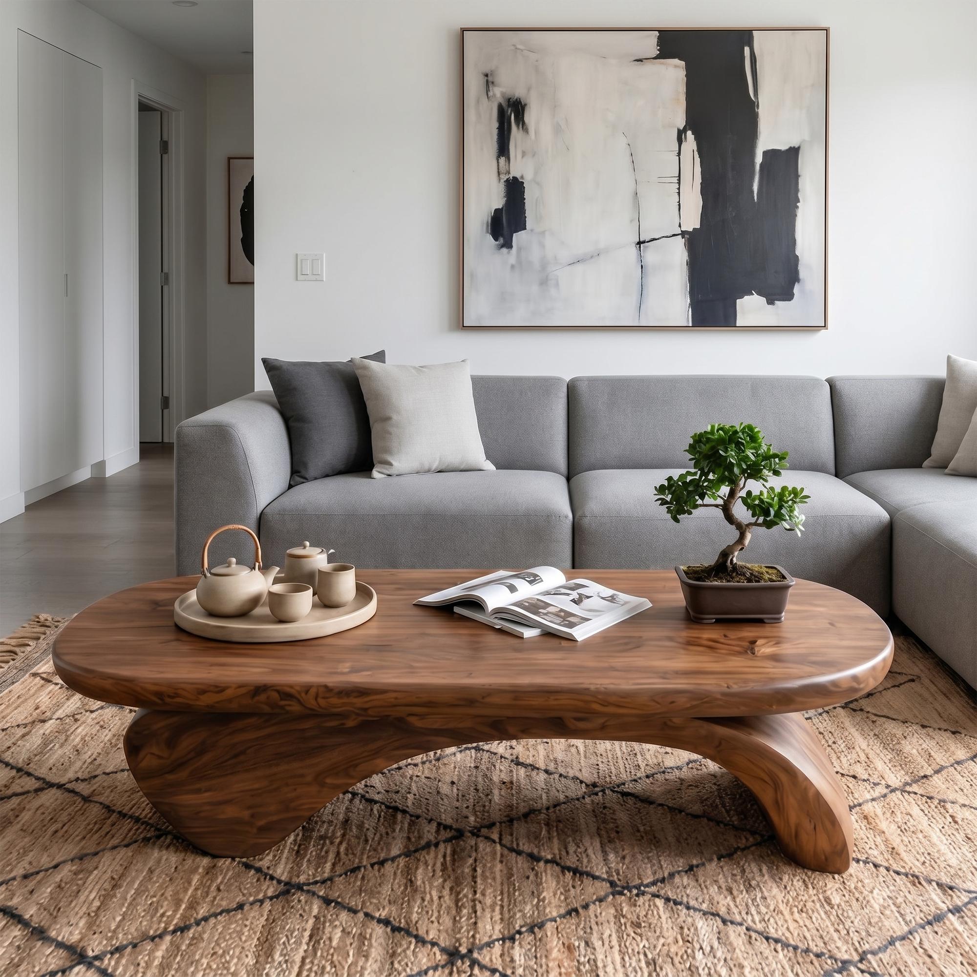 Rustic Live Edge Coffee Table With Artistic Curved Wood Pedestal For Living Room