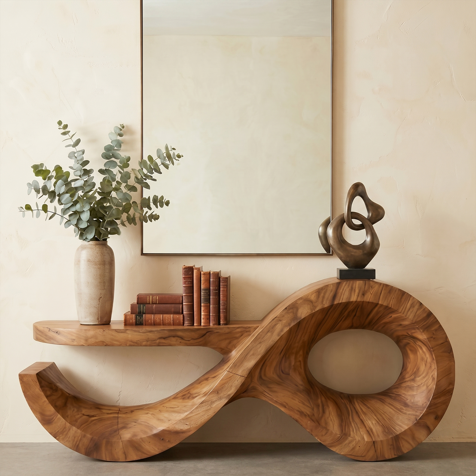 Contemporary Console Table With Sculptural Wave Wood Base And Solid Wood Top For Living Room
