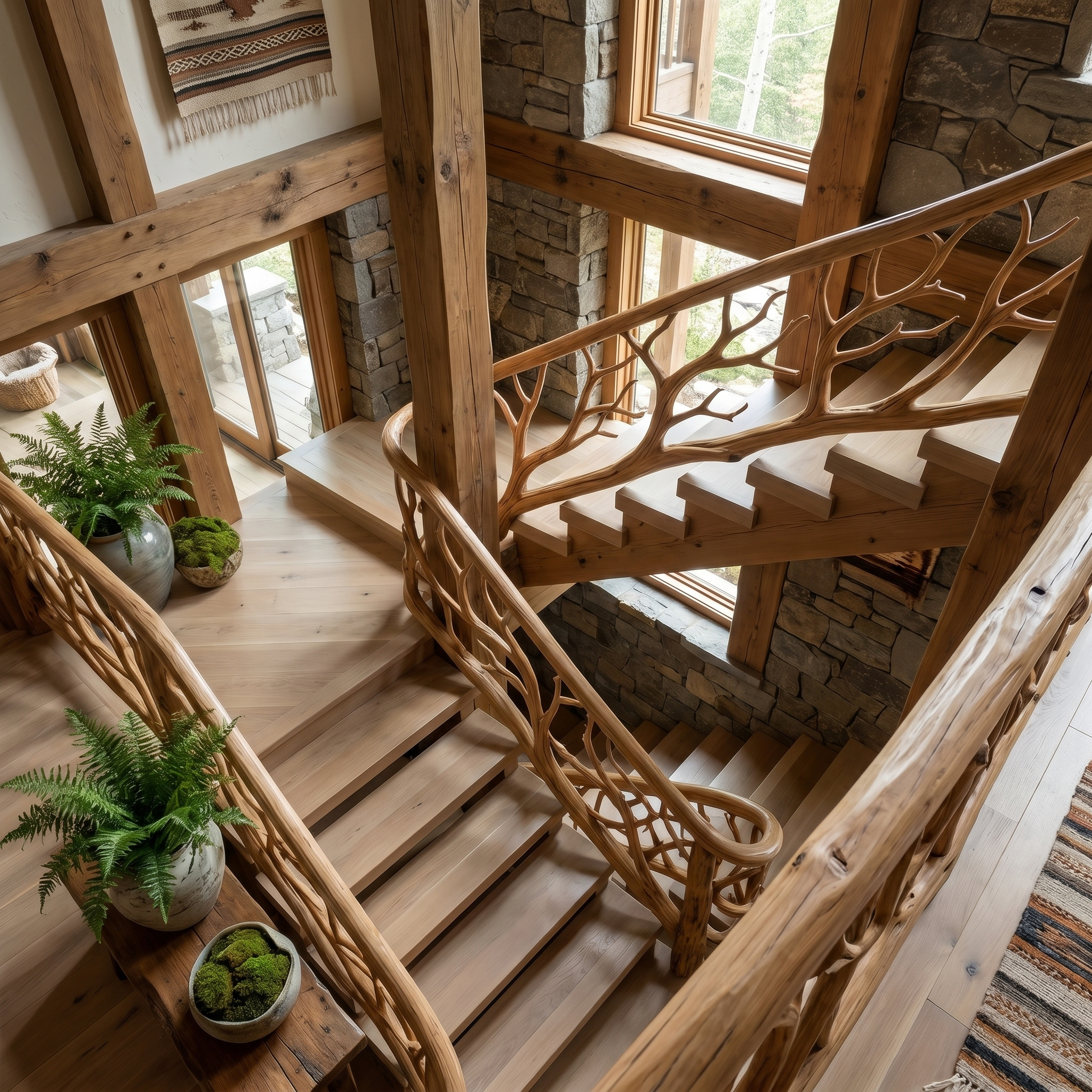 Rustic Tree Branch Stair Railing With Organic Wood Design For Interior Staircase