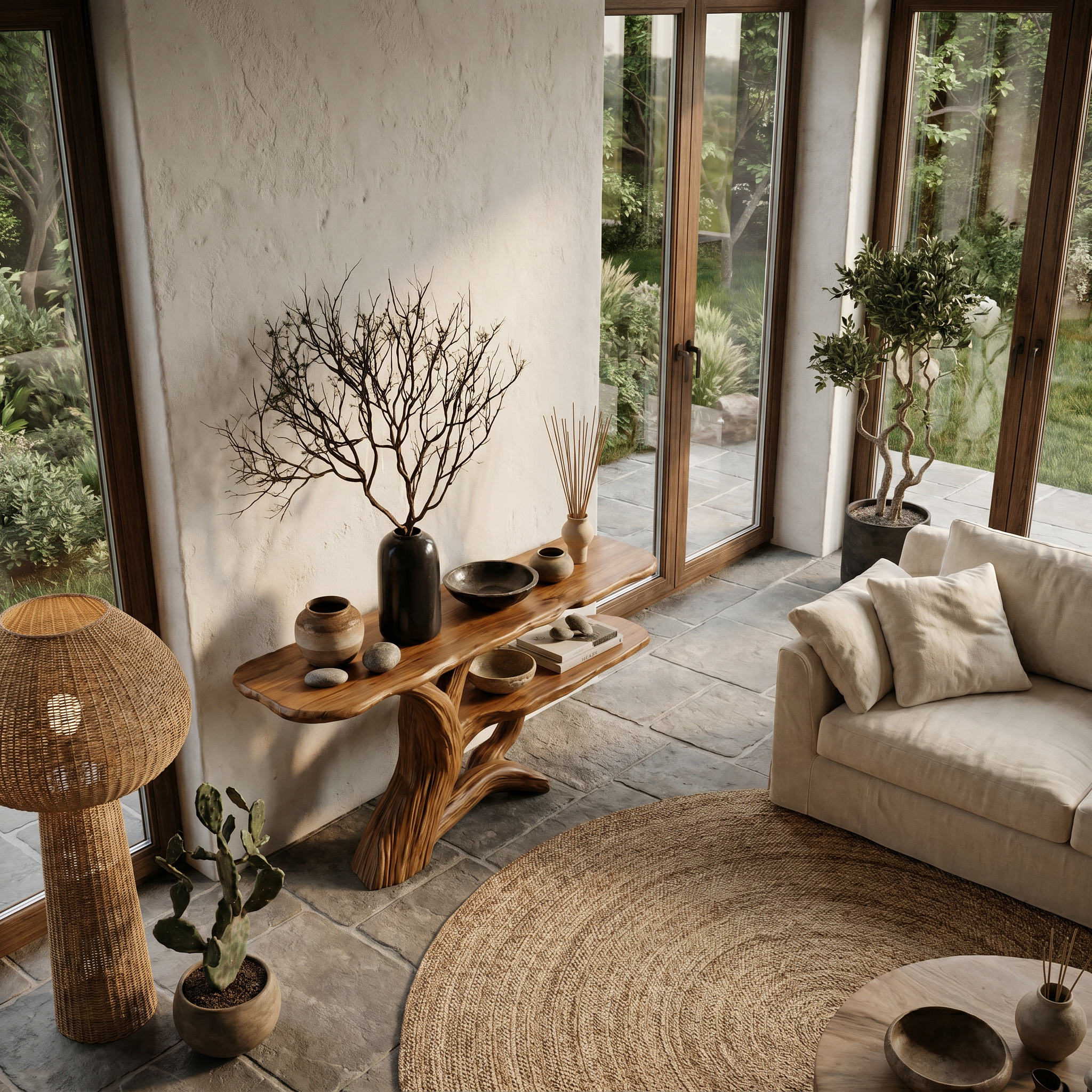 Nature Inspired Console Table With Open Shelf Storage For Living Room