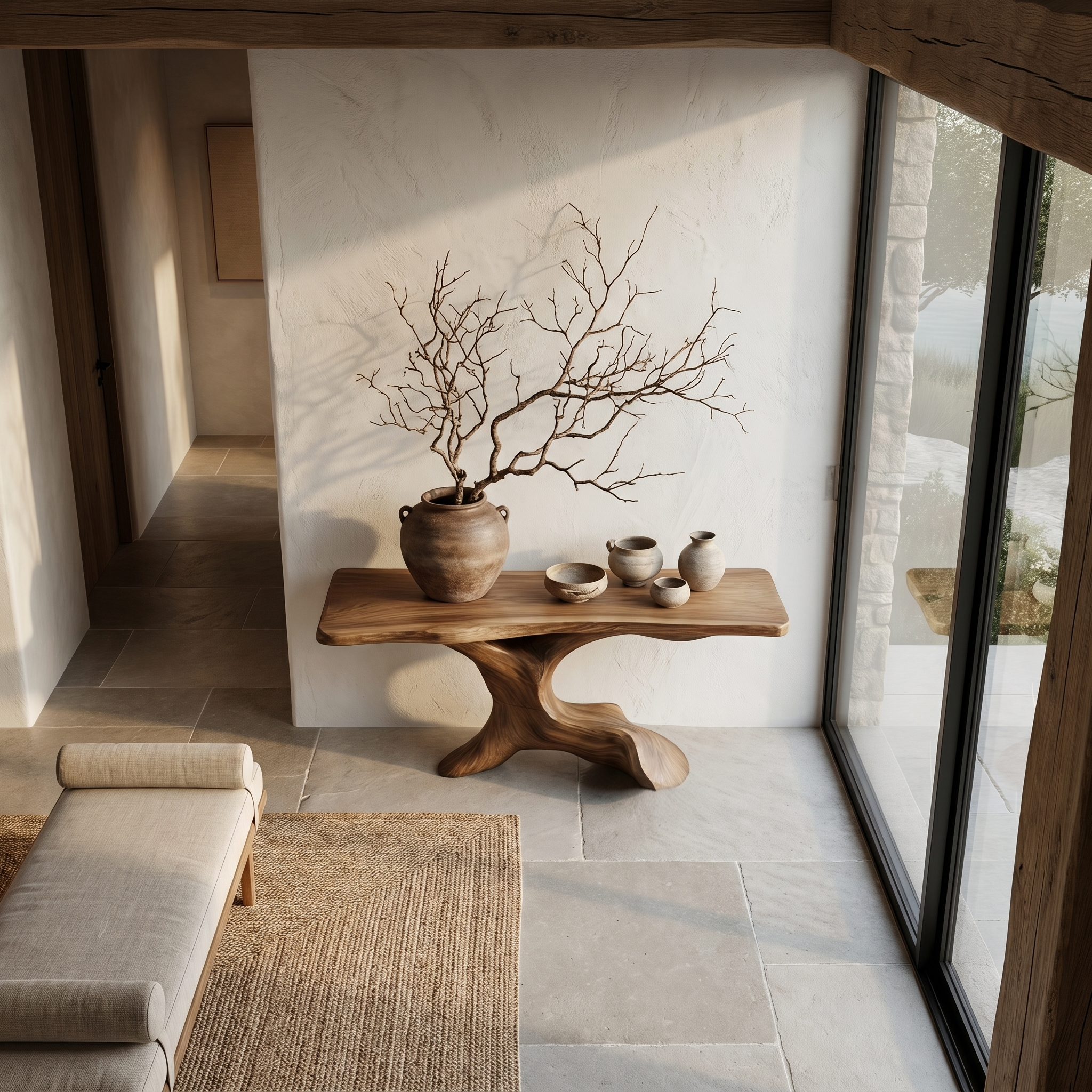Rustic Console Table With Handcrafted Tree Root Base For Entryway And Living Room