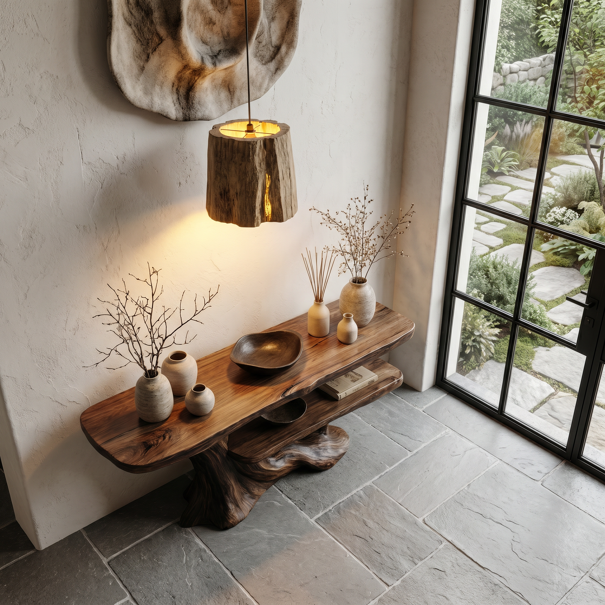 Rustic Console Table With Handcrafted Tree Root Base And Tiered Shelves For Entryway