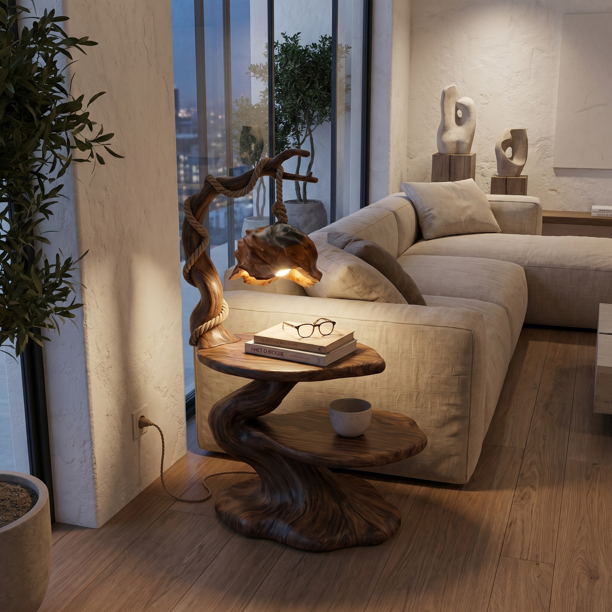 Rustic Beside Table With Tree Root Design And Hanging Lamp For Living Room